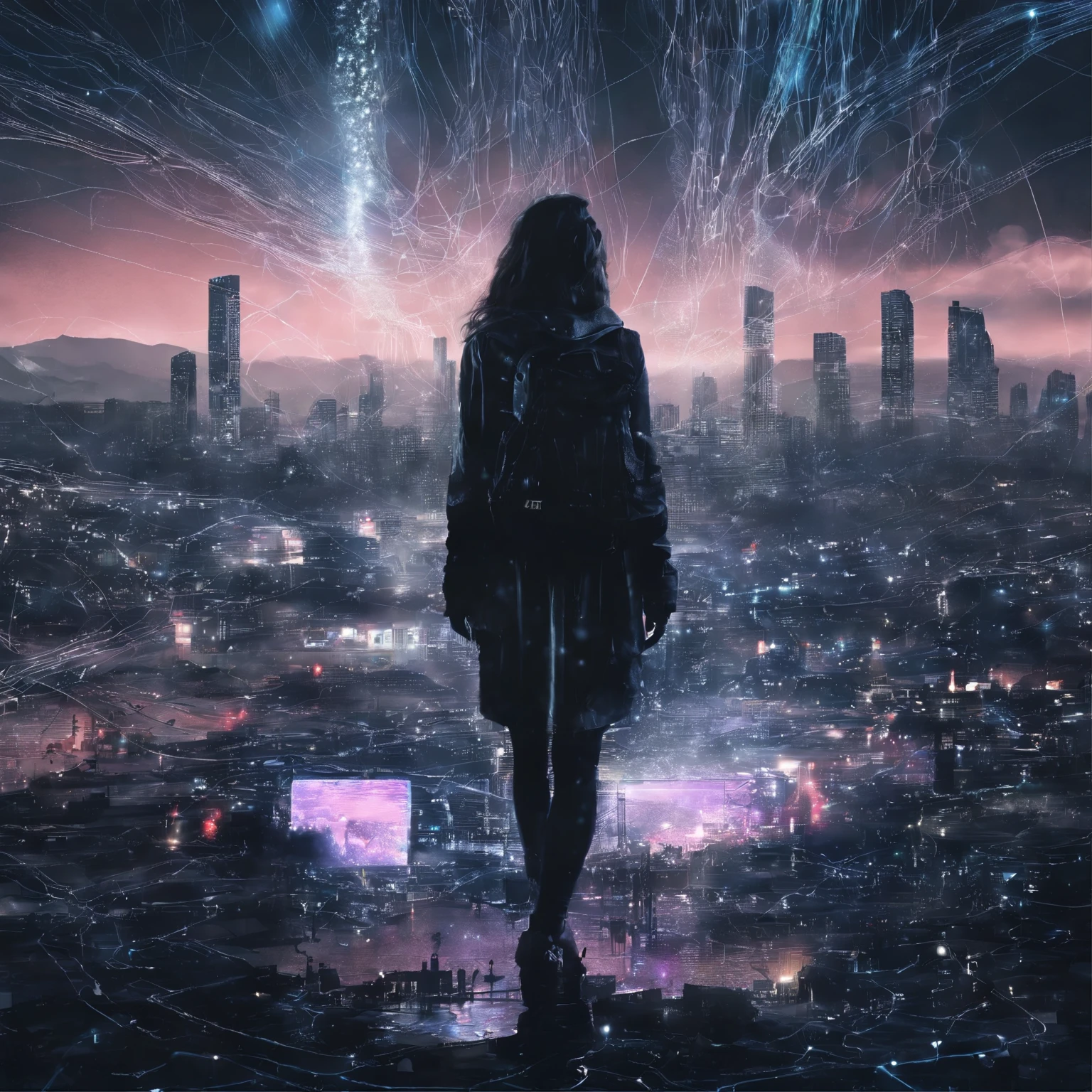((super long exposure photography)) high quality, きわめてdetailed, Beautiful jewelry woman silhouette with colorful neon dots, Beautiful silhouette of a city buried in water, Digital city and other electronic devices raining electrons in the background, by Asakura, detailed,