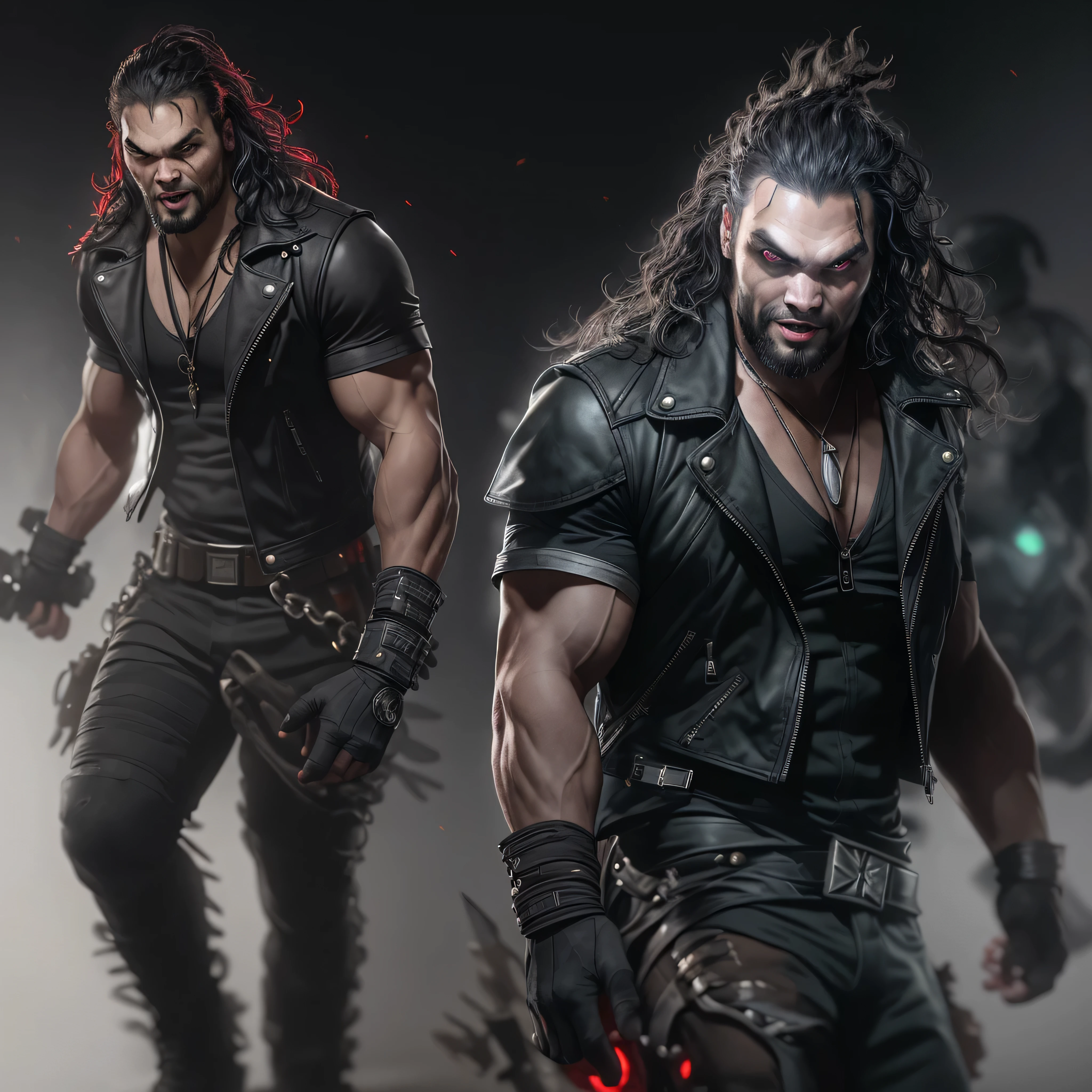 Full body image, a photo of Jason Momoa as Lobo from DC comics, Evil grin, muscular, ((((ghostly super pale skin)))), (((red eyes))), sleeveless black biker vest, riding star wars hoverbike, Intricate, High Detail, Sharp focus, dramatic, photorealistic digital art, photo-realistic, octane render, unreal engine, ultra-realistic