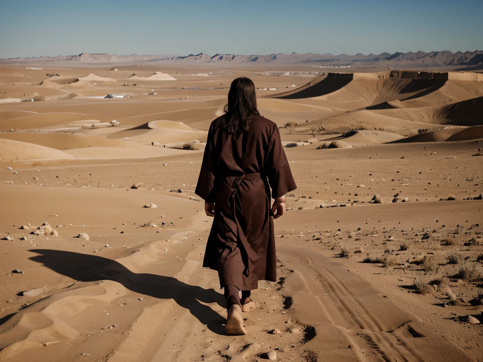 a man, a disciple of jesus christ, wearing robes like in the BC era, alone, walking in the dessert, searching,