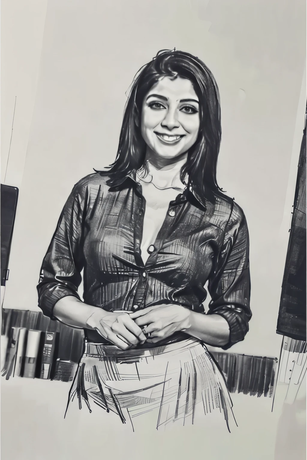 pencil sketch of  mallu 45 yo woman , in office, charcoal art, drawing , portrait sketch, raw sketch, smiling sexy, wide angle, skirt and shirt , pencil hatched, drawing 