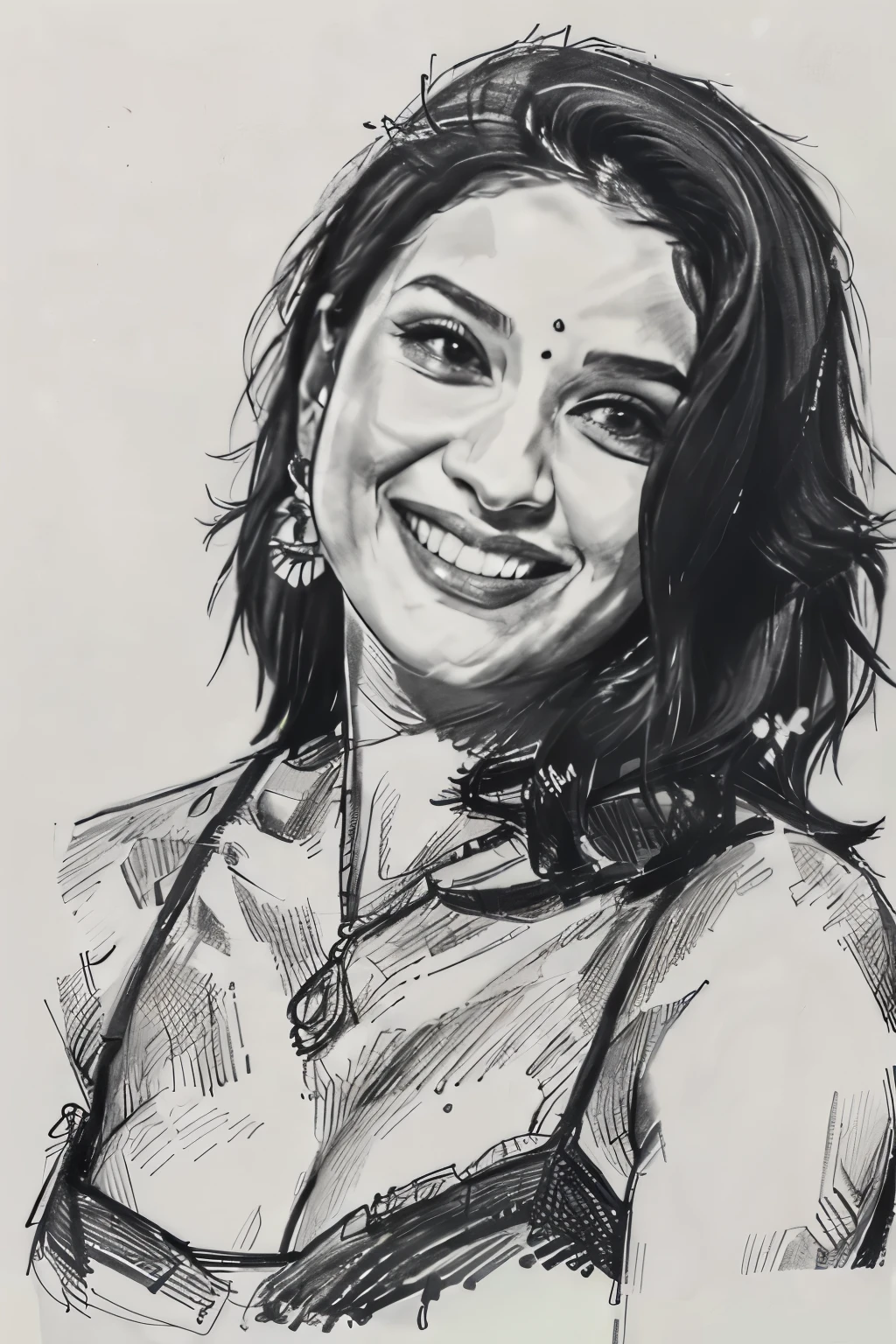 ), pencil sketch, charcoal art, portrait sketch, raw sketch, smiling, sexy, desi, busty, mallu, 45-year-old woman