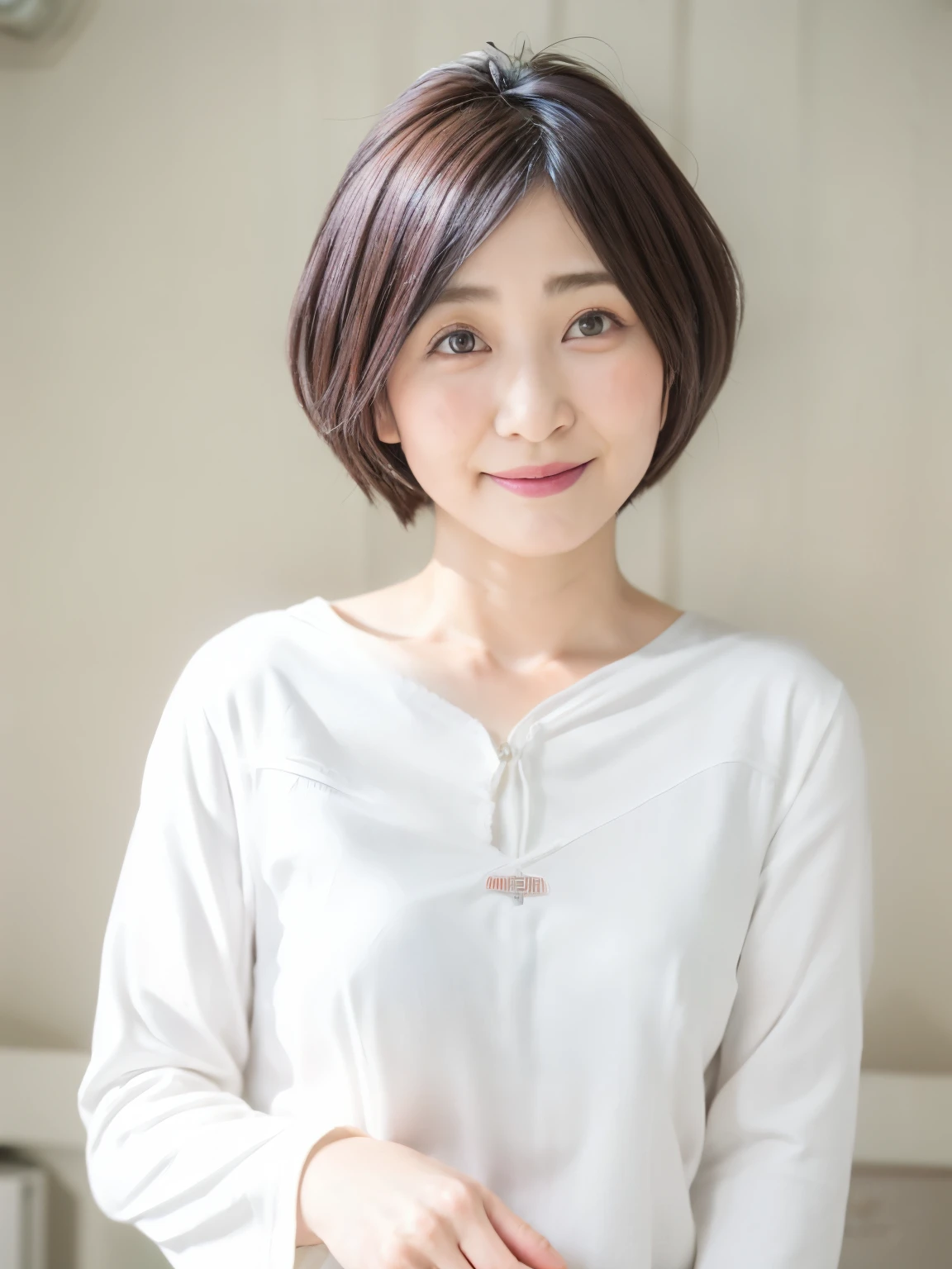 (highest quality、8K、32K、masterpiece、nffsw:1.2)、Photo of Japanese woman in her 50s、facial wrinkles、Spots on face, very short bobbed hair、Upper body、necklace、shot from above、Don'Don'Don'Don'don't look at the audience、(realistic、Photoreal:1.37)、1 girl、Shot in natural light、Physically based rendering、excellent image quality、High resolution、1080P、(Detailed facial description)、(Detailed explanation of hands)、(Detailed CG)、Rich details、(exquisite features)、(best image quality)、(masterpiece)、(fine eyes)、delicate clavicle、Versatile poses、profile、white wall、Taken in front of the white door、(窓のあるwhite wallの部屋)、earrings、laughter、Spring clothes、 shortcut、short hair、((white blouse))