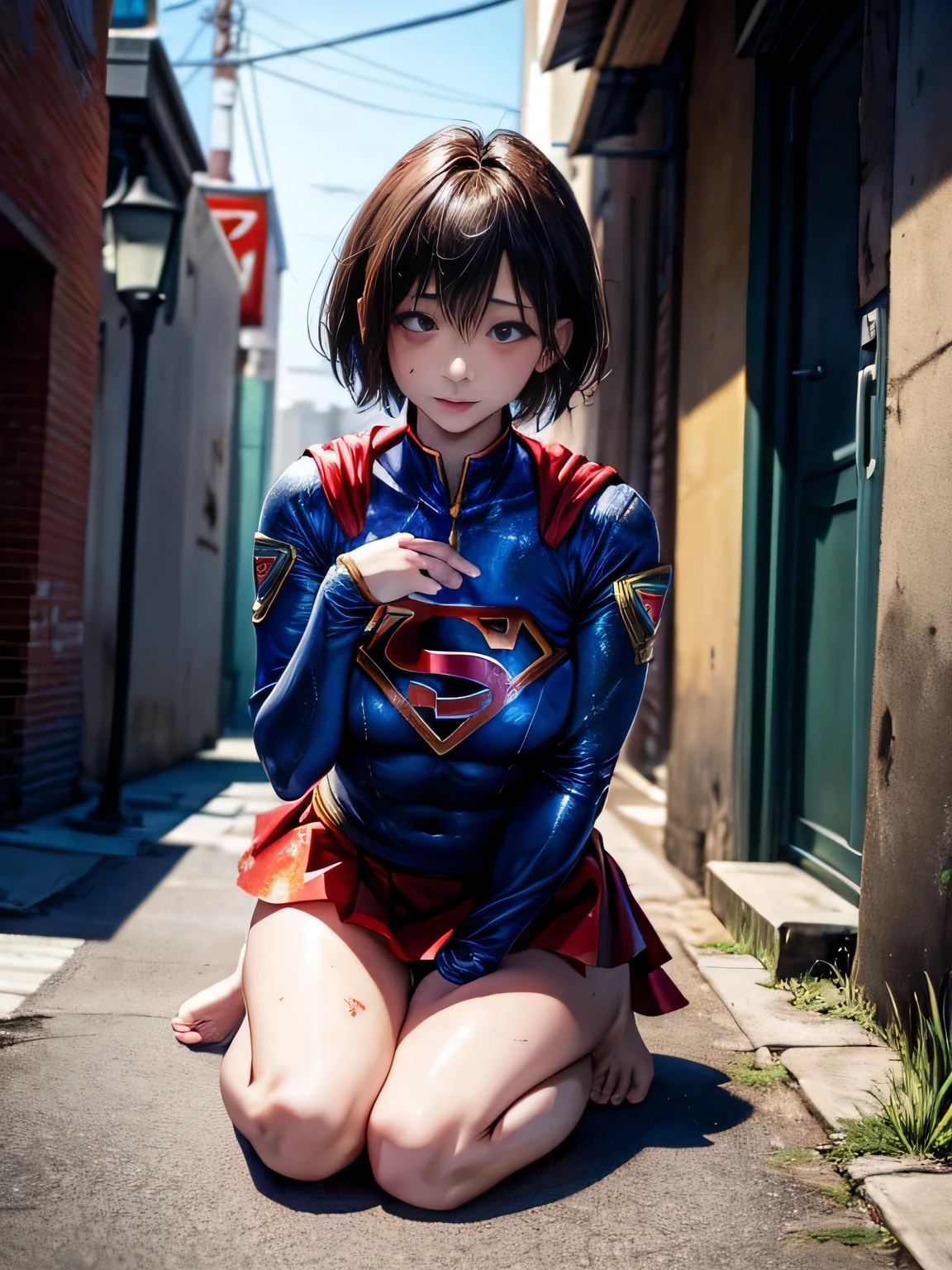 masterpiece、leaning against the alley wall、Injured short-haired Supergirl costume.、tattered clothes、big and full breasts、look at the camera、shiny costume、long sleeve、Bukkake、scattered sludge、Covered with lotion、exhausted、red mini skirt、barefoot