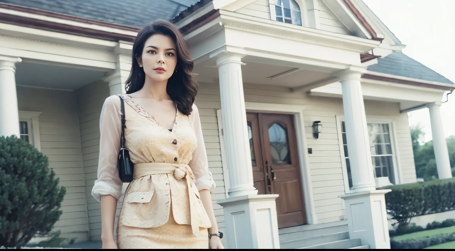 A beautiful woman standing in front of a big house