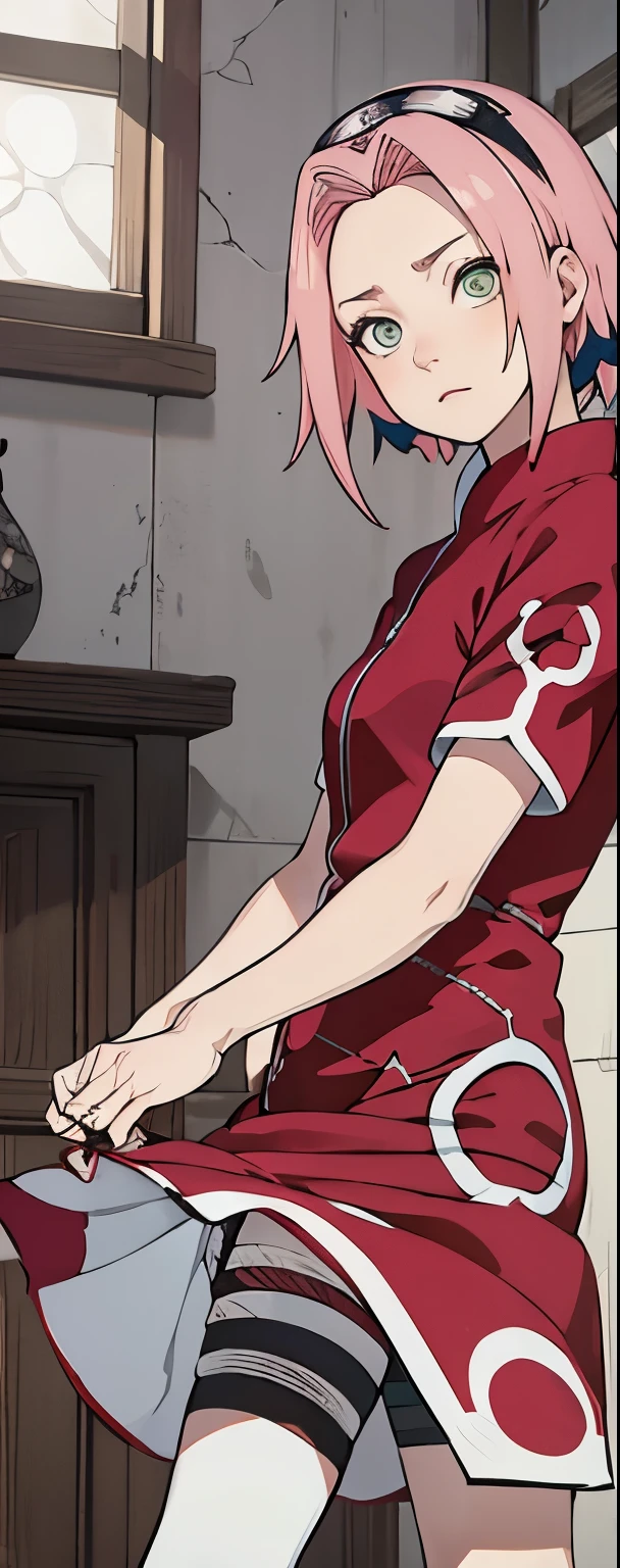 ((Best quality)), ((masterpiece)), ((details)), no background image, The image background is plain white, there is no background, perfect body, perfect face, sakura haruno, standing, looking at viewer, 1girl, solo, short hair, pink hair, green eyes, hands clenched into fists, black gloves, both hands clasped, open clothed, open wear, open the dressed, qipao dress red colour with round white mark in the middle clothes, open dress, seen underwear, black underwear, tight shortpants, transparent shortpant, seen pussy, detail, white thigh tie on right thigh, black high boot, black high knee sock, realistic, ultra high image quality, 8k, 8k wallpaper, 70mm lens camera.
