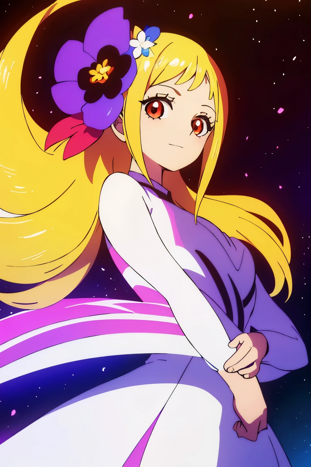 (best quality, masterpiece), 1girl, galaxy, glitter, dress, particle, wind, flower, upper body, dark simple background, looking at viewer, blonde, beautiful illustration, best quality, cute petit girl, (transform sequence), transform magical girl, chibi, white magical girl, fractal art, albino, babyface, long pure white and red mesh hair, beautiful detailed red eyes, cinematic lighting, cowboy shot, looking at viewer, from bottom, happy