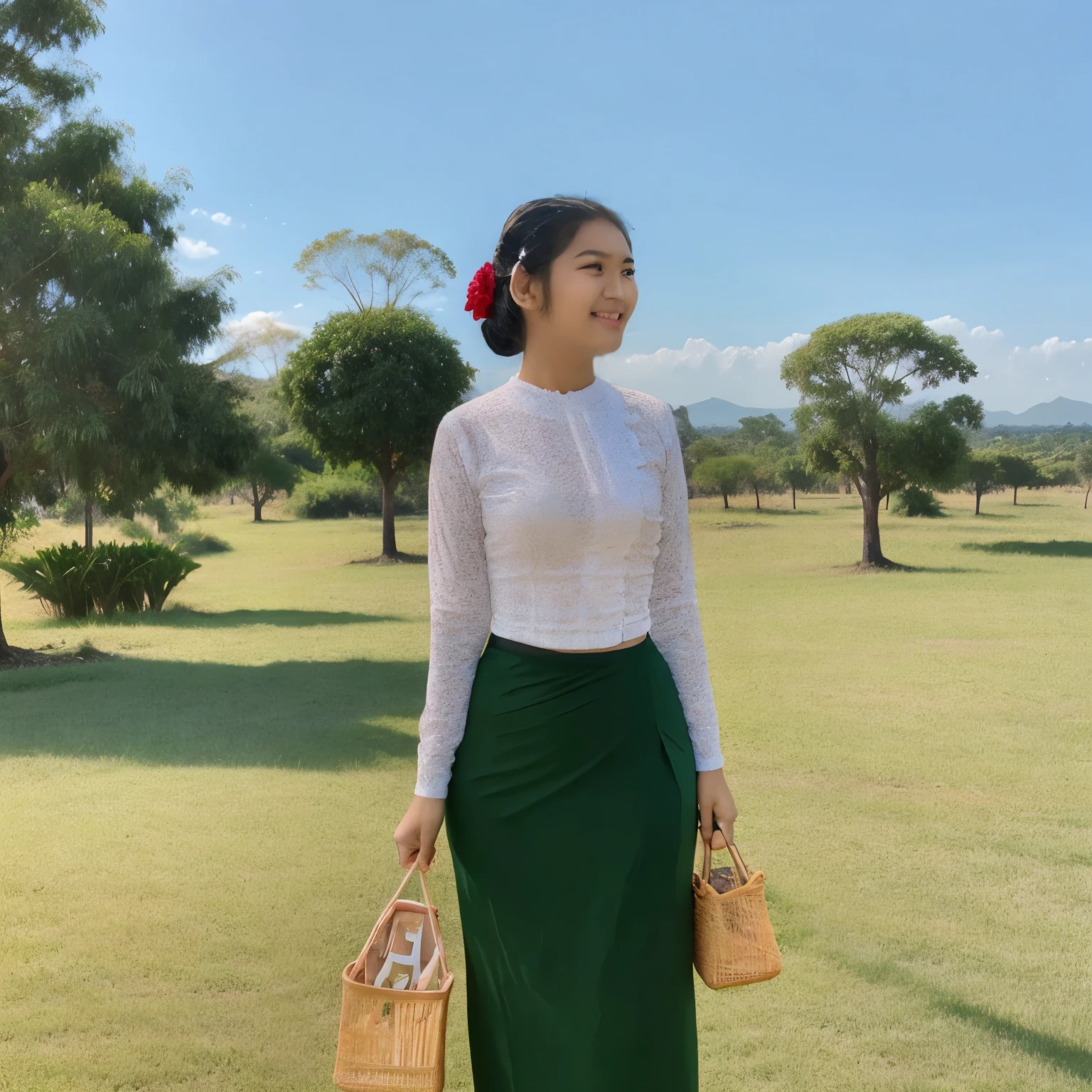 a beautiful girl with cute dimples, smiling, wearing
burmese dress, walking in Bagan's street, 
ACMM LS OUTFIT, WEARING ACMM TOP OLIVE
GREEN ACMM TOP; LONG SLEEVES, WEARING
ACMM LONG SKIRT, OLIVE GREEN ACMM LONG
SKIRT, PRINTED SKIRT
OUTDOORS, SCENERY, TRADITIONAL MEDIA,
SKY, DAY, PHOTO BACKGROUND, REAL WORLD
LOCATION, ARCHITECTURE, NATURE, RUINS
LANDSCAPE, BAGAN ANCIENT PAGODA
BACKGROUND
