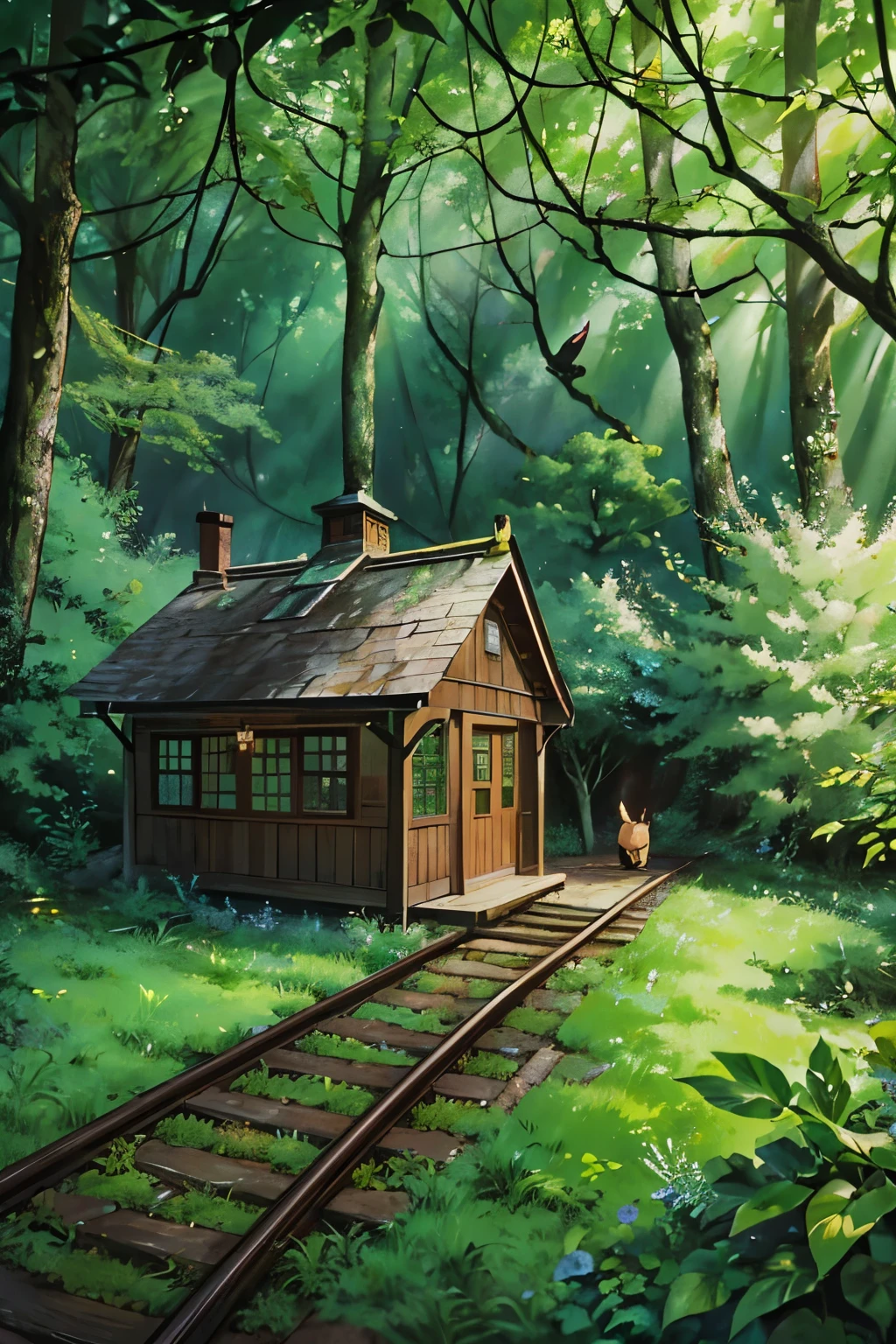 In the heart of a dense forest, a miniature train station comes to life under the watchful eye of makro photography. Every intricate detail of the rusticstation, from the weathered wood to the polished rail tracks, comes alive in sharp relief against the lush green backdrop. The scene is set in motion with the gentle steam emanating from the miniature train's chimney, creating an ethereal and dreamlike atmosphere.
Amidst the serene stillness, a solitary deer, its ears twitching with alertness, lurks nearby. The one deer's elegant form is captured in stunning detail, its coat a picture of dappled perfection against the forest floor