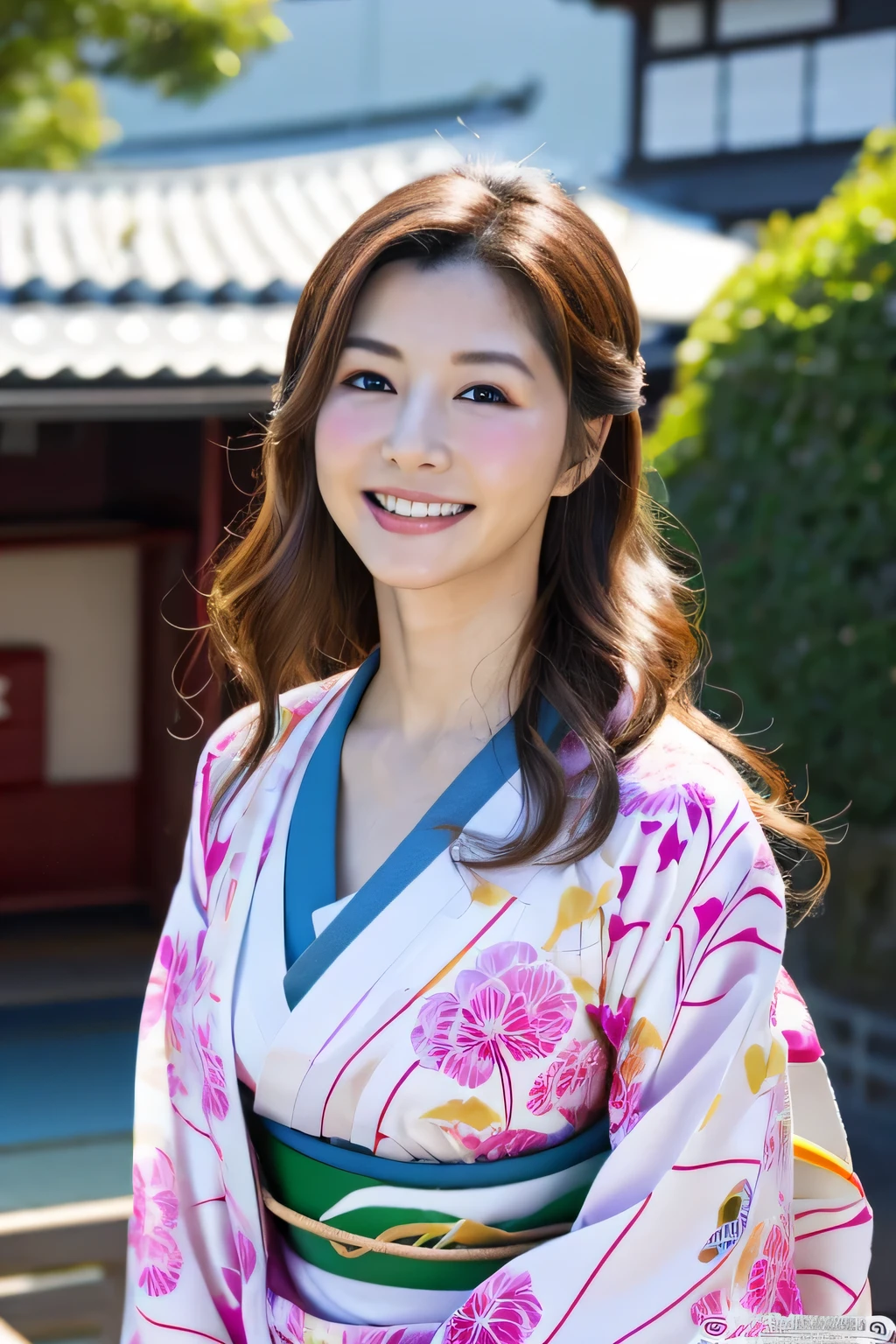 white kimono、pink Japanese pattern、(Furisode:1.5)、or、(top grade)、1 female、Full body Esbian、black haired、tie your hair back、(realistic:1.7)、((best image quality))、absurd、(ultra high resolution)、(Photoreal:1.6)、Photoreal、octane rendering、(超realistic:1.2)、(realistic face:1.2)、(8K)、(4K)、(masterpiece)、(realistic skin texture)、(enlightenment、movie lighting、wall-)、(beautiful eyes:1.2)、((((perfect face))))、( Are standing)、shrine、torii、(January)、detailed cute face、true beauty、laughter、