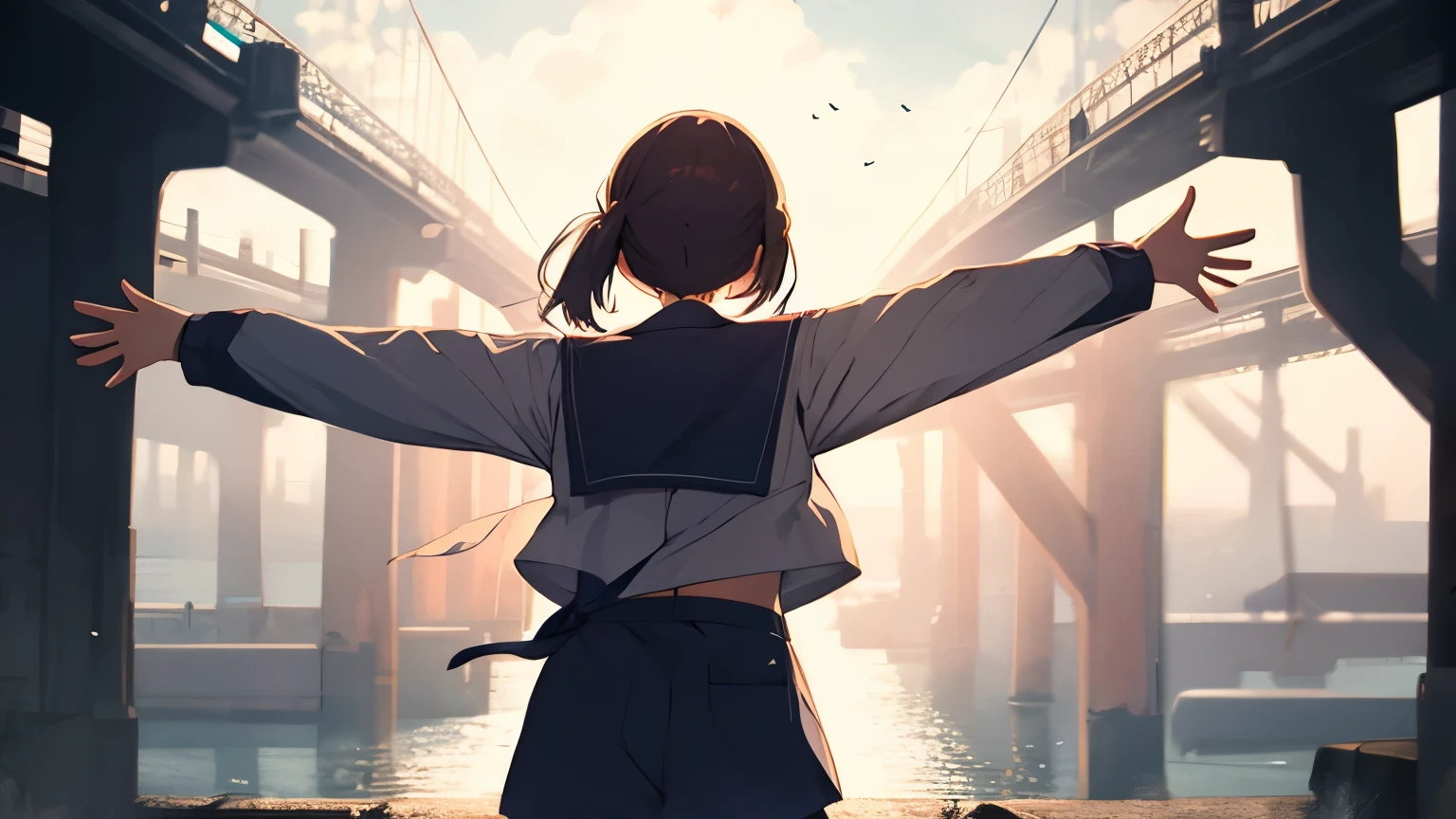 girl with outstretched arms,back view,sailor suit