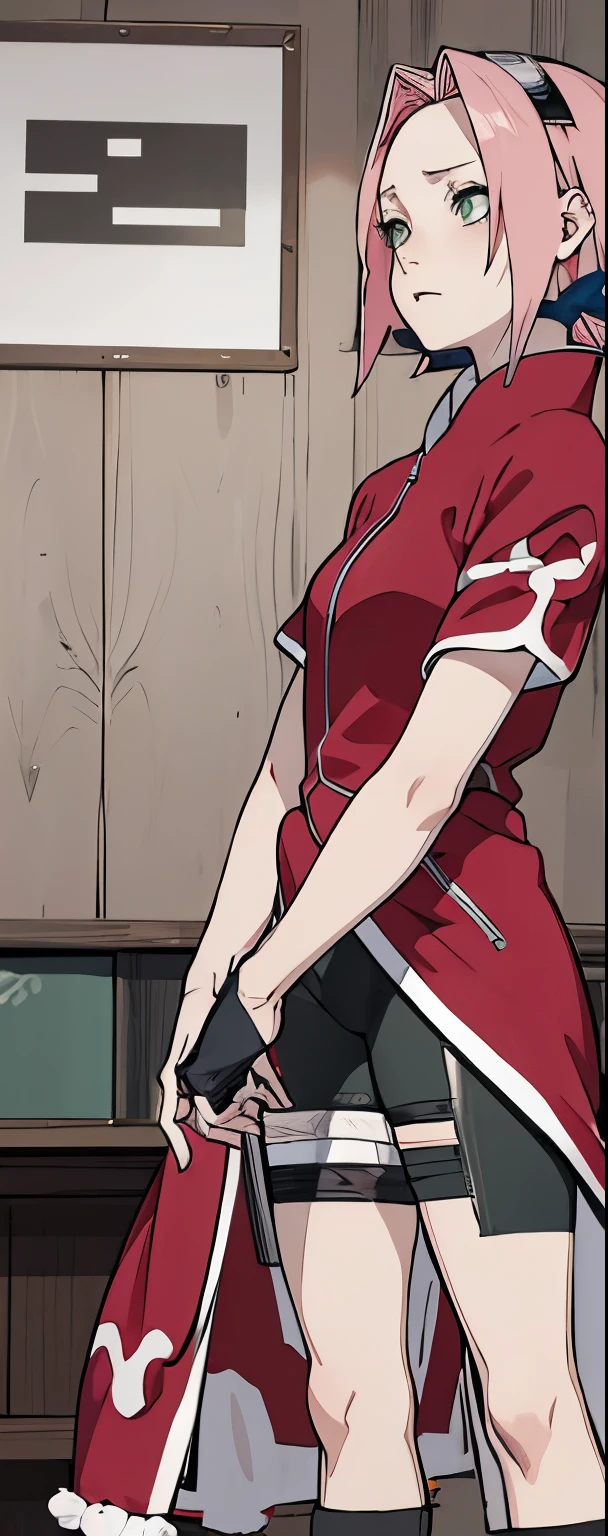 ((Best quality)), ((masterpiece)), ((details)), no background image, The image background is plain white, there is no background, perfect body, perfect face, sakura haruno, standing, looking at viewer, 1girl, solo, short hair, pink hair, green eyes, hands clenched into fists, black gloves, both hands clasped, open clothed, open wear, open the dressed, qipao dress red colour with round white mark in the middle clothes, open dress, seen underwear, black underwear, tight shortpants, transparent shortpant, seen pussy, detail, white thigh tie on right thigh, black high boot, black high knee sock, realistic, ultra high image quality, 8k, 8k wallpaper, 70mm lens camera.