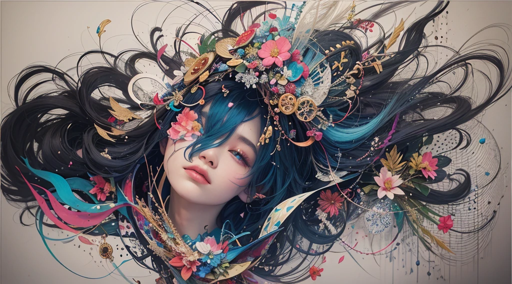 official art, unity 8k wallpaper, ultra detailed, beautiful and aesthetic, beautiful, masterpiece, best quality, (zentangle, mandala, tangle, entangle), dynamic angle, cowboyshot, the most beautiful form of chaos, elegant, a brutalist designed, vivid colours, romanticism, by james jean, roby dwi antono, ross tran, francis bacon, michal mraz, adrian ghenie, petra cortright, gerhard richter, takato yamamoto, ashley wood, atmospheric, enjoying a stream of music, where you can visualize the notes, ecstasy of musical notes, streaming musical notes visible