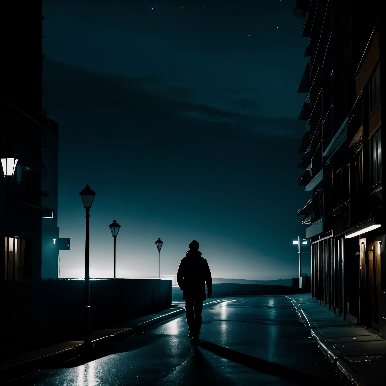 a person walking at night, 8k, hyper realistic, mysterious ,atmospheric, amazing view