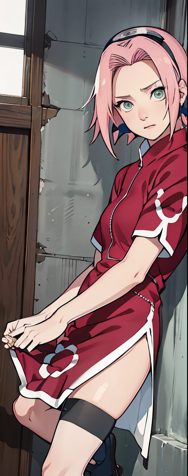 ((Best quality)), ((masterpiece)), ((details)), no background image, The image background is plain white, there is no background, perfect body, perfect face, sakura haruno, standing, looking at viewer, 1girl, solo, short hair, pink hair, green eyes, hands clenched into fists, black gloves, both hands clasped, open clothed, open wear, open the dressed, qipao dress red colour with round white mark in the middle clothes, open dress, seen underwear, black underwear, tight shortpants, transparent shortpant, seen pussy, detail, white thigh tie on right thigh, black high boot, black high knee sock, realistic, ultra high image quality, 8k, 8k wallpaper, 70mm lens camera.