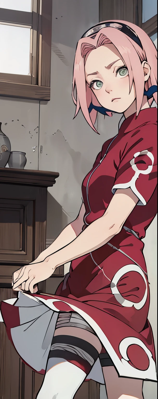 ((Best quality)), ((masterpiece)), ((details)), no background image, The image background is plain white, there is no background, perfect body, perfect face, sakura haruno, standing, looking at viewer, 1girl, solo, short hair, pink hair, green eyes, hands clenched into fists, black gloves, both hands clasped, open clothed, open wear, open the dressed, qipao dress red colour with round white mark in the middle clothes, open dress, seen underwear, black underwear, tight shortpants, transparent shortpant, seen pussy, detail, white thigh tie on right thigh, black high boot, black high knee sock, realistic, ultra high image quality, 8k, 8k wallpaper, 70mm lens camera.