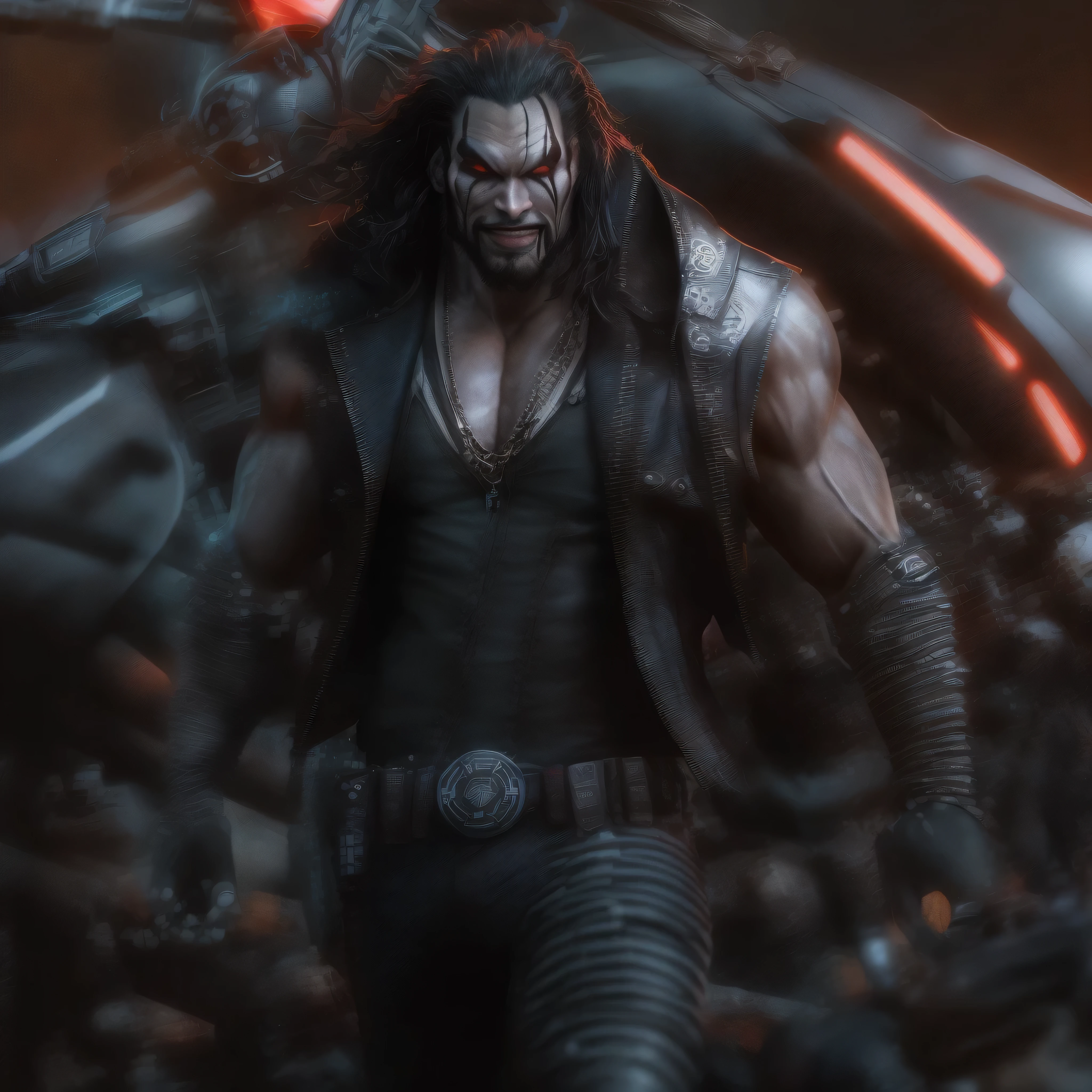 Full body image, a photo of Jason Momoa as Lobo from DC comics, Evil grin, muscular, ((((ghostly super pale skin)))), (((red eyes))), sleeveless black biker vest, riding star wars hoverbike, Intricate, High Detail, Sharp focus, dramatic, photorealistic digital art, photo-realistic, octane render, unreal engine, ultra-realistic