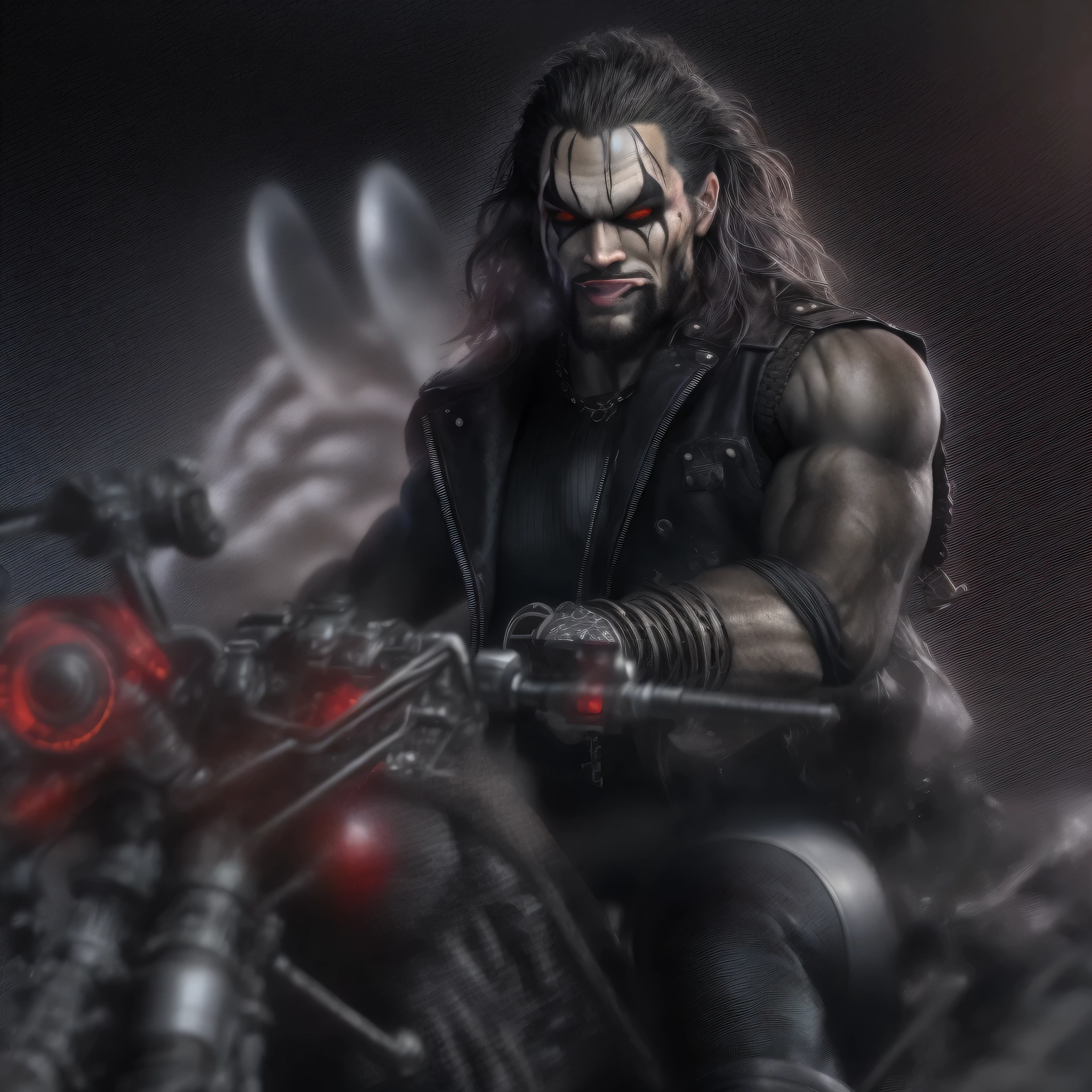 Full body image, a photo of Jason Momoa as Lobo from DC comics, Evil grin, muscular, ((((ghostly super pale skin)))), (((red eyes))), sleeveless black biker vest, riding star wars hoverbike, Intricate, High Detail, Sharp focus, dramatic, photorealistic digital art, photo-realistic, octane render, unreal engine, ultra-realistic