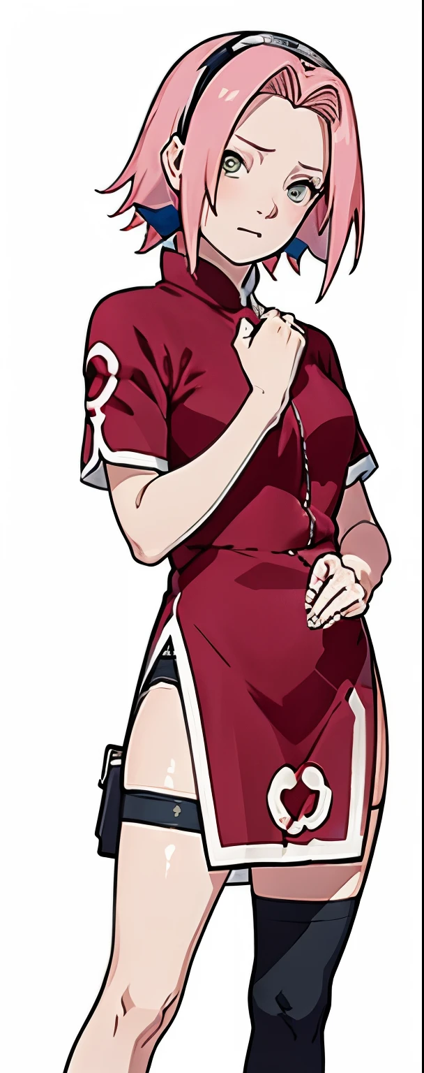 ((Best quality)), ((masterpiece)), ((details)), no background image, The image background is plain white, there is no background, perfect body, perfect face, sakura haruno, standing, looking at viewer, 1girl, solo, short hair, pink hair, green eyes, hands clenched into fists, black gloves, both hands clasped, open clothed, open wear, open the dressed, qipao dress red colour with round white mark in the middle clothes, open dress, seen underwear, black underwear, tight shortpants, transparent shortpant, seen pussy, detail, white thigh tie on right thigh, black high boot, black high knee sock, realistic, ultra high image quality, 8k, 8k wallpaper, 70mm lens camera.