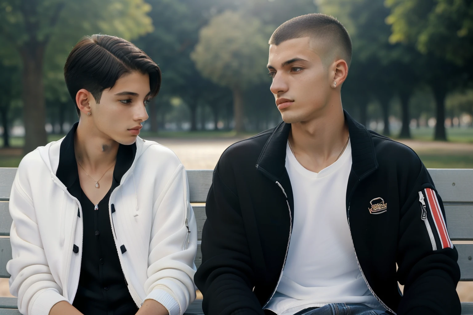 Huelva, Spain, 2002. ((((-yeld)) enzo)), pale, skinny, sharp facial features, in the park, sitting on a bench, ((with his girlfriend)), looking to each other, romantic. ((((casual clothings from the 2000s, black sweat jacket)))), ((buzz cut hair))