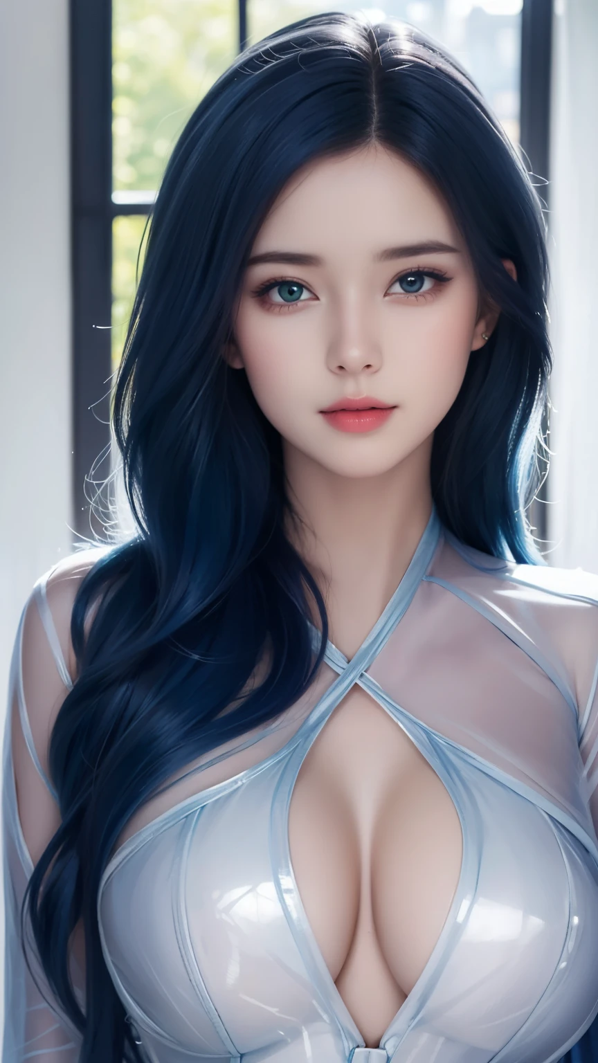 (hyper-realistic), (illustration), (high resolution), (8k), (Very detailed), (最佳illustration), (Beautiful and delicate eyes), (best quality), (Super detailed), (masterpiece), (wallpaper), (lifelike), (Natural light), (edge lit), (Detailed face), (高度细致lifelike皮肤纹理), (anatomically correct), (alone), (1 girl), (高细节lifelike头发), (blue hair:1.2), spiky hair, (heterochromatic eyes), (Detailed green eyes), (There is a small mole under the eye), (realistic:1.5), (Naked of breast:1.3), (long legs), (slim abs), (dynamic poses), (Keep your mouth shut:1.3), (Traditional Hanfu), (transparent clothes:1.5), national foundation,Show breasts,Show breasts,exposing her chest,huge ,huge breasts,exposing her chest,huge breasts,