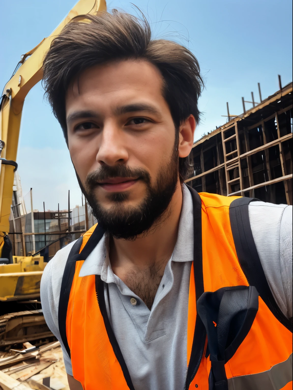 masterpiece, best quality, high resolution, closeup portrait, male focus, solo focus, A man, 40 years old, with construction worker uniform, unbuttoned work clothes, shirtless construction worker, silver grey hair, messy hairstyle, cute and seductive face, bare chest, body hair, facial hair, roman nose, very skinny body, hairy legs, dimples, beard, bold jawline , in the background a construction site, orange vest, gay , scruffy, erotic, view from below, amazing composition, front view, HDR, ultra quality, elegant, highly detailed