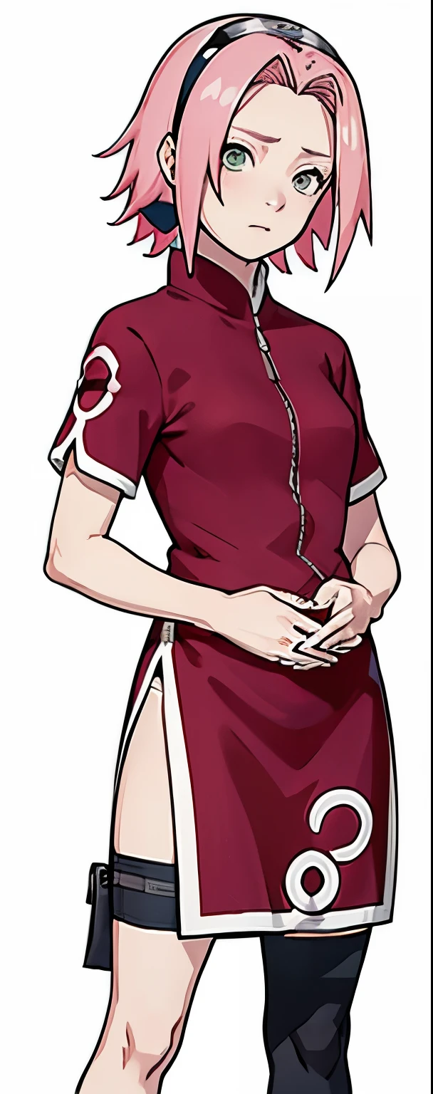 ((Best quality)), ((masterpiece)), ((details)), no background image, The image background is plain white, there is no background, perfect body, perfect face, sakura haruno, standing, looking at viewer, 1girl, solo, short hair, pink hair, green eyes, hands clenched into fists, black gloves, both hands clasped, open clothed, open wear, open the dressed, qipao dress red colour with round white mark in the middle clothes, open dress, seen underwear, black underwear, tight shortpants, transparent shortpant, seen pussy, detail, white thigh tie on right thigh, black high boot, black high knee sock, realistic, ultra high image quality, 8k, 8k wallpaper, 70mm lens camera.