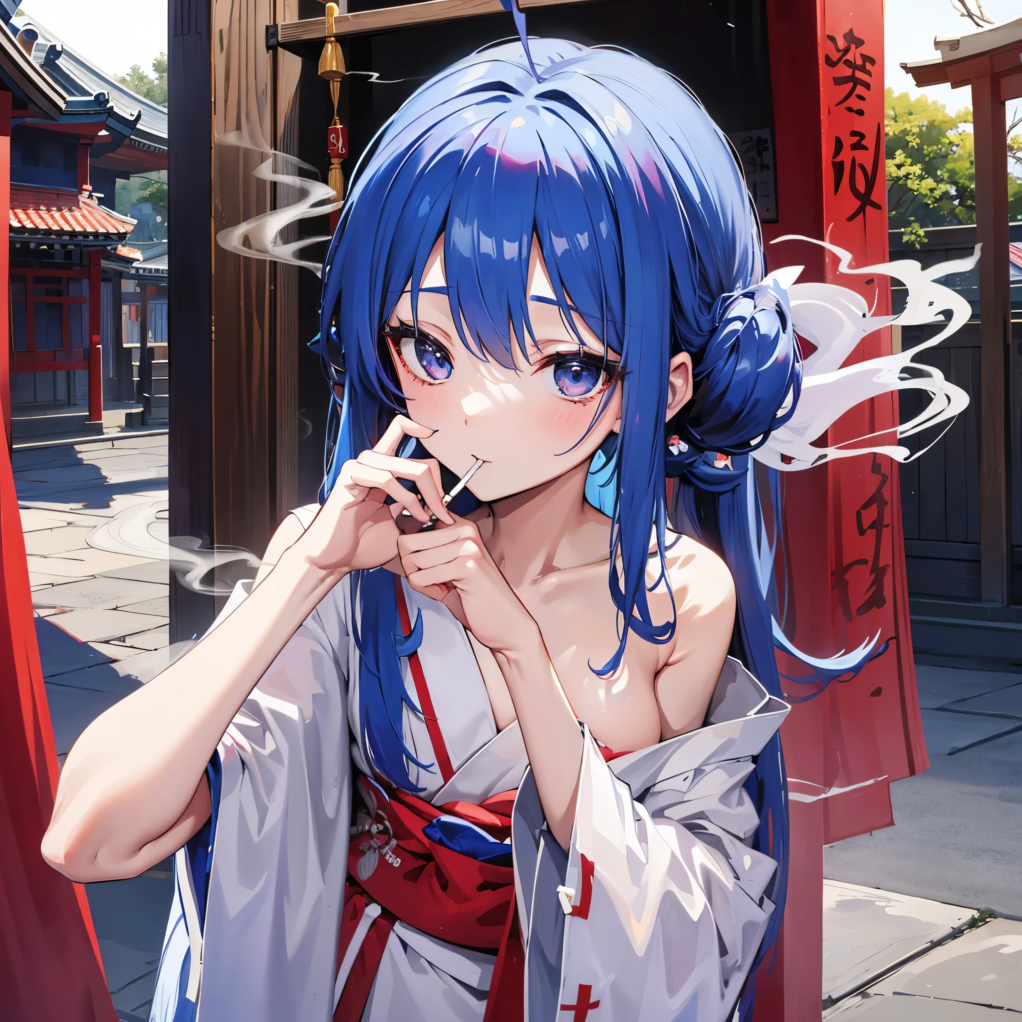 smoke a cigarette、penis、sex with men、shrine maiden、blue hair、NSFW