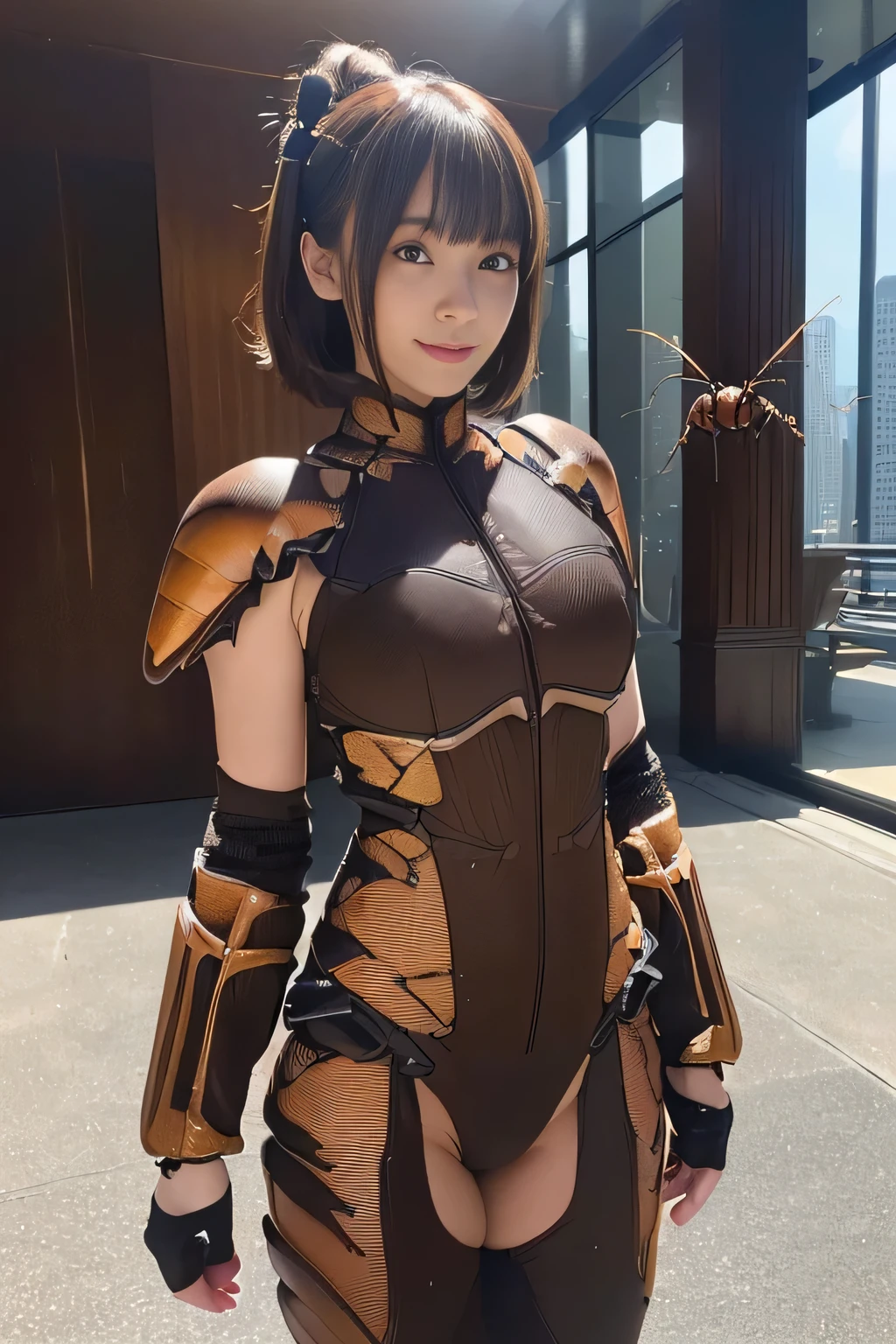 (High resolution,masterpiece,highest quality,Very detailed CG, anime, official art:1.4), realistic, photograph, amazing detail, all complicated, luster and luster,great many layers, 8k wallpaper, 3D, sketch, cute, figure,( alone:1.4), perfect female proportions,villain&#39;s daughter, (Fusion of dark brown cockroach and lady:1.4), (brown cockroach form lady:1.2), (brown cockroach woman:1.2), (Fusion:1.2), (alone:1.4), (evil smile:1.2), muscular, abs, (Cockroach brown exoskeleton bio insect suit:1.4), (Cockroach brown exoskeleton bio insect armor:1.2), (brown transparent cockroach feathers:1.4), (brown cockroach antenna:1.3),

