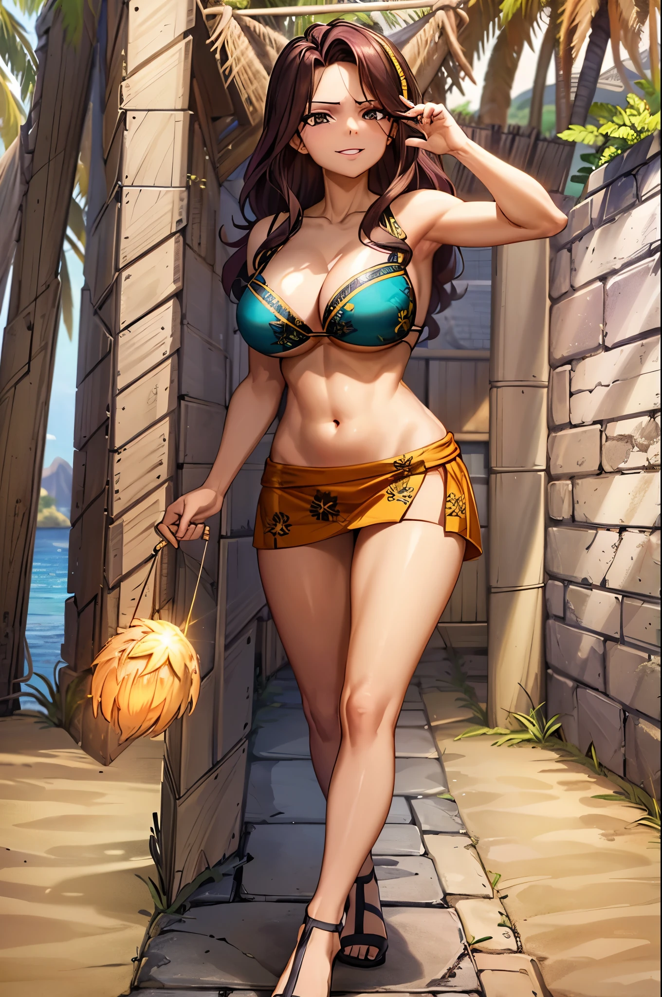masterpiece, absurdres , (intricate details), (colorful),cinematic lighting,bust shot,extremely detailed CG unity 8k wallpaper, canarnd, 1girl, mature female,breasts,bikini, o-ring, floral print, print sarong, beach, summer, sunlight, ocean,wind, cloudy sky, palm tree, smile, parted lips, looking at viewer, running,lens flare,