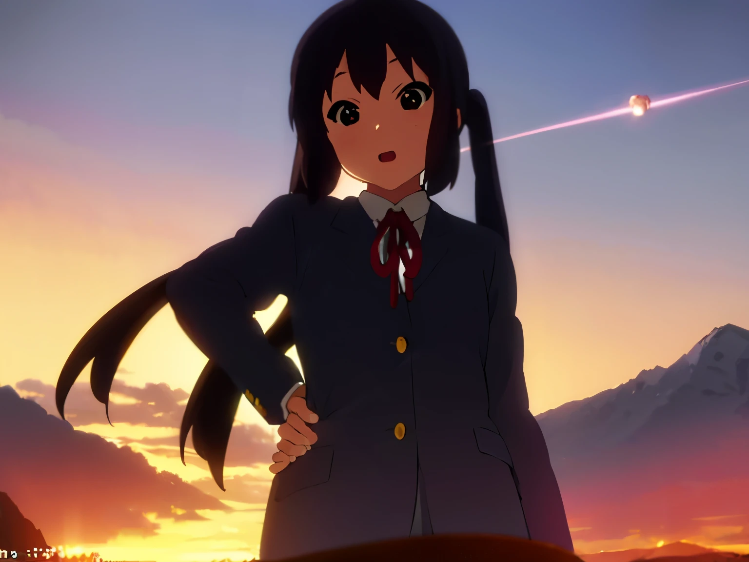 (best quality, masterpiece:1.2), 1girl, (((masterpiece))), top-quality, top-quality, High Details, nakano azusa, 1girl, Sakuragaoka High School Uniform, student clothes, Twin-tailed, length hair, A dark-haired, brown-eyed, 独奏, reddish, Dark blue blazer with thin red ribbon, Solid white buttoned shirt under blazer, illustratio, comic , soothing tones, Subdued Color, Soft cinematic light, adobe lightroom, photolab, HDR, intricately and hyper-detailed、(((depth of fields))))。(((masterpiece)))。(((top-quality))).)((ultra-detailliert)))。(((illustratio)))。(((takeout))).dynamic focus.big breasts.(((Mountain views))).(((A mountain scape))).(((Face of Smile))). open mouth.(((put hands on the hip))).(((up chest))).((evening glow)).((the setting sun)), solo, anime, anime screencap, ray tracing, global illumination, ultra resolution image, vivid color, cinematic light, lens flare, light on face, glow eyes, depth of field, happy, detailed background, cute, straight-on, dive dress, navel,