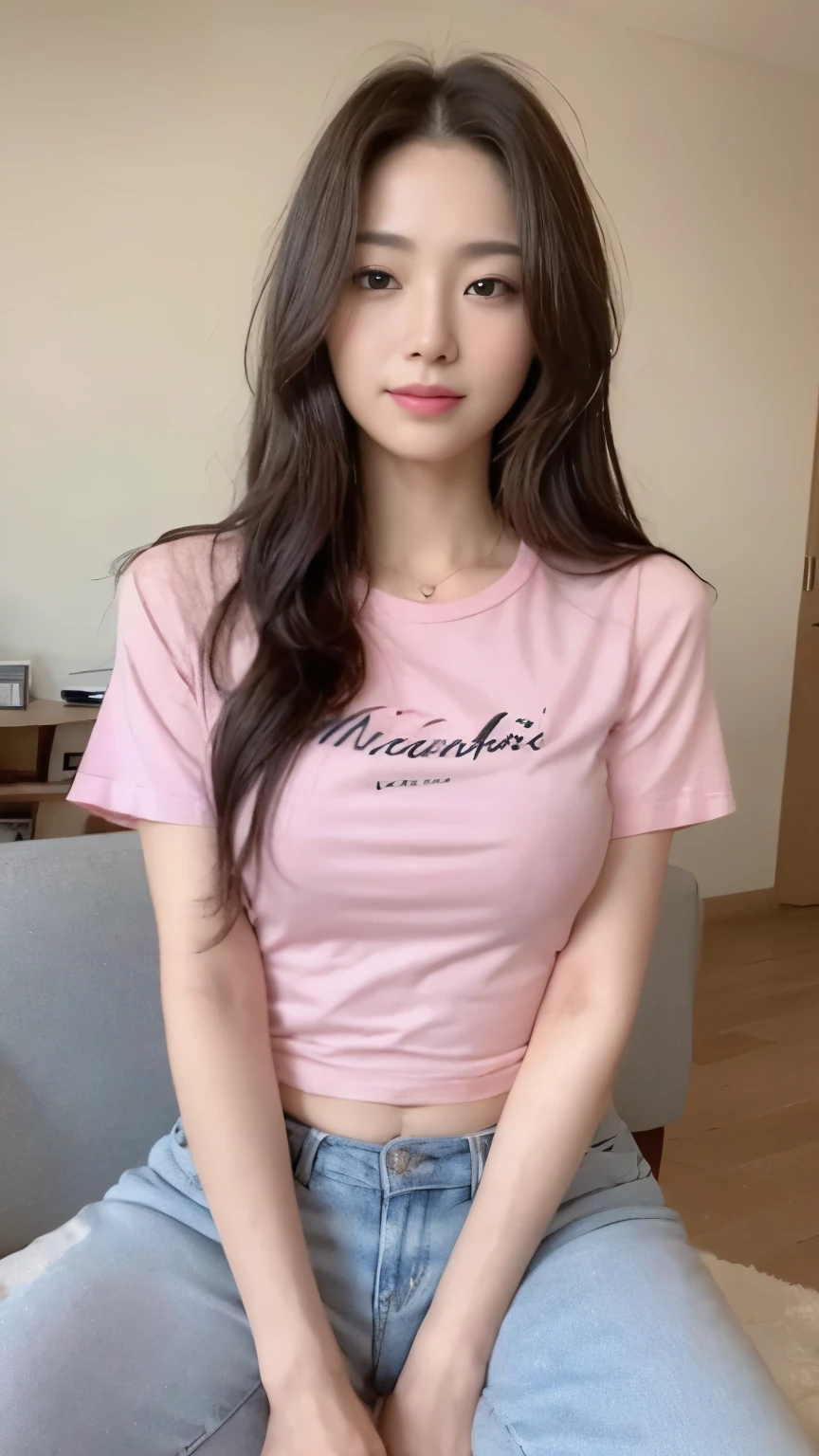 ((top-quality、8k、​masterpiece:1.3))、Beautiful woman with perfect body:1.4、slim abdomen:1.2、Longhair, normal breast, Highly detailed facial and skin texture, A detailed eye, delicate eyes, double eyelid, (smile), (full body shot), ((living room)), (sitting on sofa), (((wearing pink casual t-shirt))), looking in front