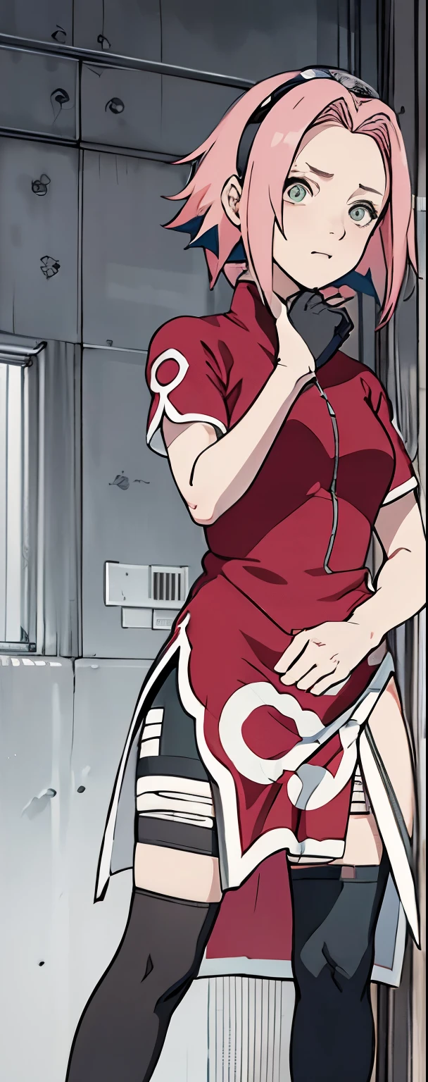 ((Best quality)), ((masterpiece)), ((details)), no background image, The image background is plain white, there is no background, perfect body, perfect face, sakura haruno, standing, looking at viewer, 1girl, solo, short hair, pink hair, green eyes, hands clenched into fists, black gloves, both hands clasped, open clothed, open wear, open the dressed, qipao dress red colour with round white mark in the middle clothes, open dress, seen underwear, black underwear, tight shortpants, transparent shortpant, seen pussy, detail, white thigh tie on right thigh, black high boot, black high knee sock, realistic, ultra high image quality, 8k, 8k wallpaper, 70mm lens camera.