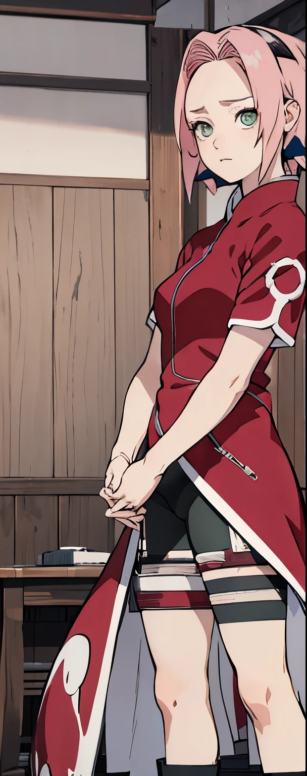 ((Best quality)), ((masterpiece)), ((details)), no background image, The image background is plain white, there is no background, perfect body, perfect face, sakura haruno, standing, looking at viewer, 1girl, solo, short hair, pink hair, green eyes, hands clenched into fists, black gloves, both hands clasped, open clothed, open wear, open the dressed, qipao dress red colour with round white mark in the middle clothes, open dress, seen underwear, black underwear, tight shortpants, transparent shortpant, seen pussy, detail, white thigh tie on right thigh, black high boot, black high knee sock, realistic, ultra high image quality, 8k, 8k wallpaper, 70mm lens camera.