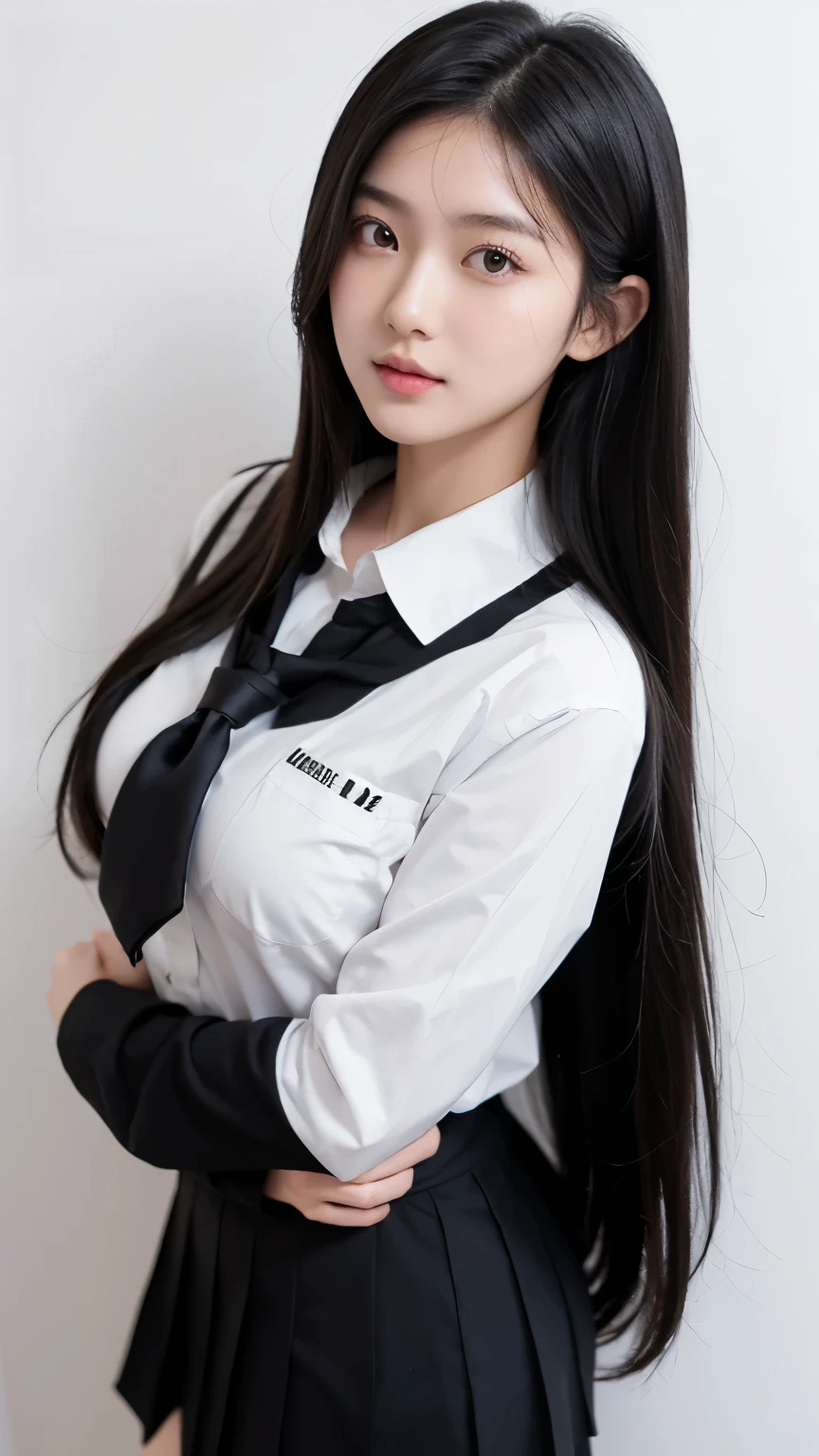 highres, 1girl, asian, black hair, long hair, cute, medium breasts, white wall background, school uniform