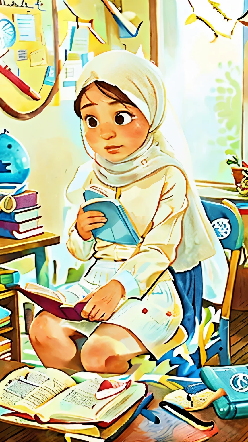 Classroom, Muslim woman, white long-sleeved shirt, long blue skirt, white headscarf, reading a book, chair, 