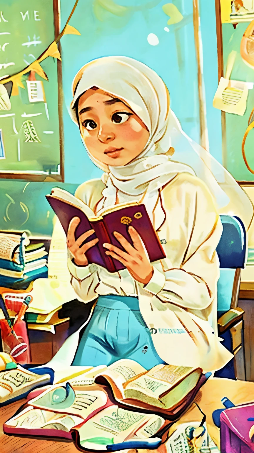 Classroom, Muslim woman, white long-sleeved shirt, long blue skirt, white headscarf, reading a book, chair,