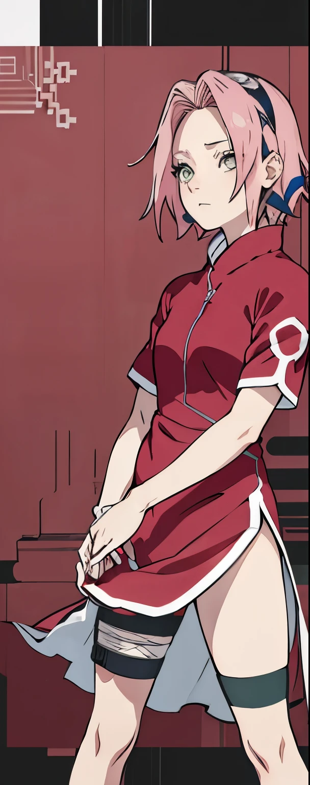 ((Best quality)), ((masterpiece)), ((details)), no background image, The image background is plain white, there is no background, perfect body, perfect face, sakura haruno, standing, looking at viewer, 1girl, solo, short hair, pink hair, green eyes, hands clenched into fists, black gloves, both hands clasped, open clothed, open wear, open the dressed, qipao dress red colour with round white mark in the middle clothes, open dress, seen underwear, black underwear, tight shortpants, transparent shortpant, seen pussy, detail, white thigh tie on right thigh, black high boot, black high knee sock, realistic, ultra high image quality, 8k, 8k wallpaper, 70mm lens camera.