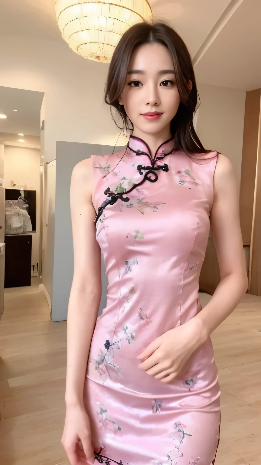 ((top-quality、8k、​masterpiece:1.3))、Beautiful woman with perfect body:1.4、slim abdomen:1.2、Longhair, normal breast, Highly detailed facial and skin texture, A detailed eye, delicate eyes, double eyelid, (smile), (full body shot), ((shopping mall)), (standing), (((wearing pink cheongsam))), looking in front