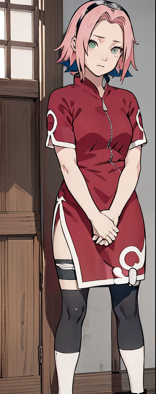 ((Best quality)), ((masterpiece)), ((details)), no background image, The image background is plain white, there is no background, perfect body, perfect face, sakura haruno, standing, looking at viewer, 1girl, solo, short hair, pink hair, green eyes, hands clenched into fists, black gloves, both hands clasped, open clothed, open wear, open the dressed, qipao dress red colour with round white mark in the middle clothes, open dress, seen underwear, black underwear, tight shortpants, transparent shortpant, seen pussy, detail, white thigh tie on right thigh, black high boot, black high knee sock, realistic, ultra high image quality, 8k, 8k wallpaper, 70mm lens camera.