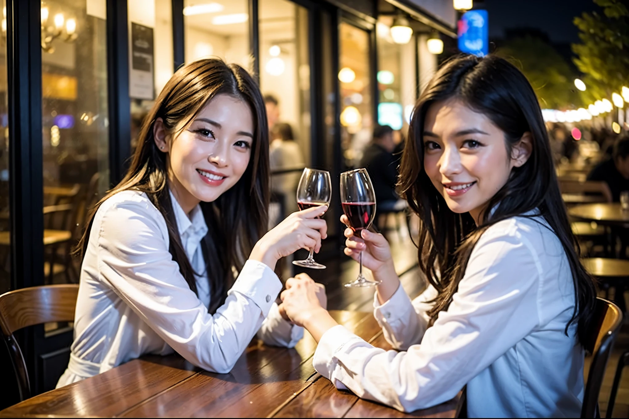 64k, UHD, highest quality, masterpiece: 1.2), (realistic, photorealistic: 1.37),やわらかなsmile、kind expression、 Super detailed, celebration party、beauty、Charm、beautiful mature woman、3 women who love wine、three men、Kobe、Yokohama、champagne、Sparkling wine、winter night、restaurantでワイン宴会、(slimな男女4名),(Wine party for 5 people)、(slimフェイス),Happy、 最高なsmile、Fox Face、Berry Short、(because I'thin), (brown hair), (shortcut), long sleeve shirt、winter fashion、Colombia、Brazilian、Japanese、Dutch、German、Portuguese、Belgian、Italian、french, (gushing), (slimボティ), (brown hair), (shortcut), 端正なbeauty、cheeks blush a little, (41 years old), 38 years old, 35 years old、32 years old、29yo、 A beautiful and detailed night view spreads out outside the window........, restaurant, wine glassが座っている, At night, in a prominent place (from the Upper body) nova frog style, actress, model, Upper body, White wine, slim, wine glass, very beautiful night view, wine glass Put in the Middle, Happy smile, (smile: 1.15),
