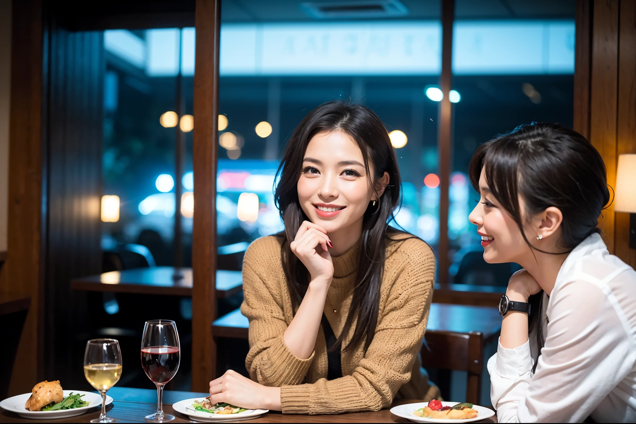 64k, UHD, highest quality, masterpiece: 1.2), (realistic, photorealistic: 1.37),5-people、やわらかなsmile、kind expression、 Super detailed, celebration party、beauty、Charm、beautiful mature woman、3 women who love wine、three men、Kobe、Yokohama、champagne、Sparkling wine、winter night、restaurantでワイン宴会、(slimな男女4名),(Wine party for 5 people)、(slimフェイス),Happy、 最高なsmile、Fox Face、Berry Short、(because I&#39;thin), (brown hair), (shortcut), long sleeve shirt、winter fashion、Colombia、Brazilian、Japanese、Dutch、German、Portuguese、Belgian、Italian、french, (gushing), (slimボティ), (brown hair), (shortcut), 端正なbeauty、cheeks blush a little, (41 years old), 38 years old, 35 years old、32 years old、 A beautiful and detailed night view spreads out outside the window........, restaurant, wine glassが座っている, At night, in a prominent place (from the Upper body) nova frog style, actress, model, Upper body, White wine, slim, wine glass, very beautiful night view, wine glass Put in the Middle, Happy smile, (smile: 1.15), 