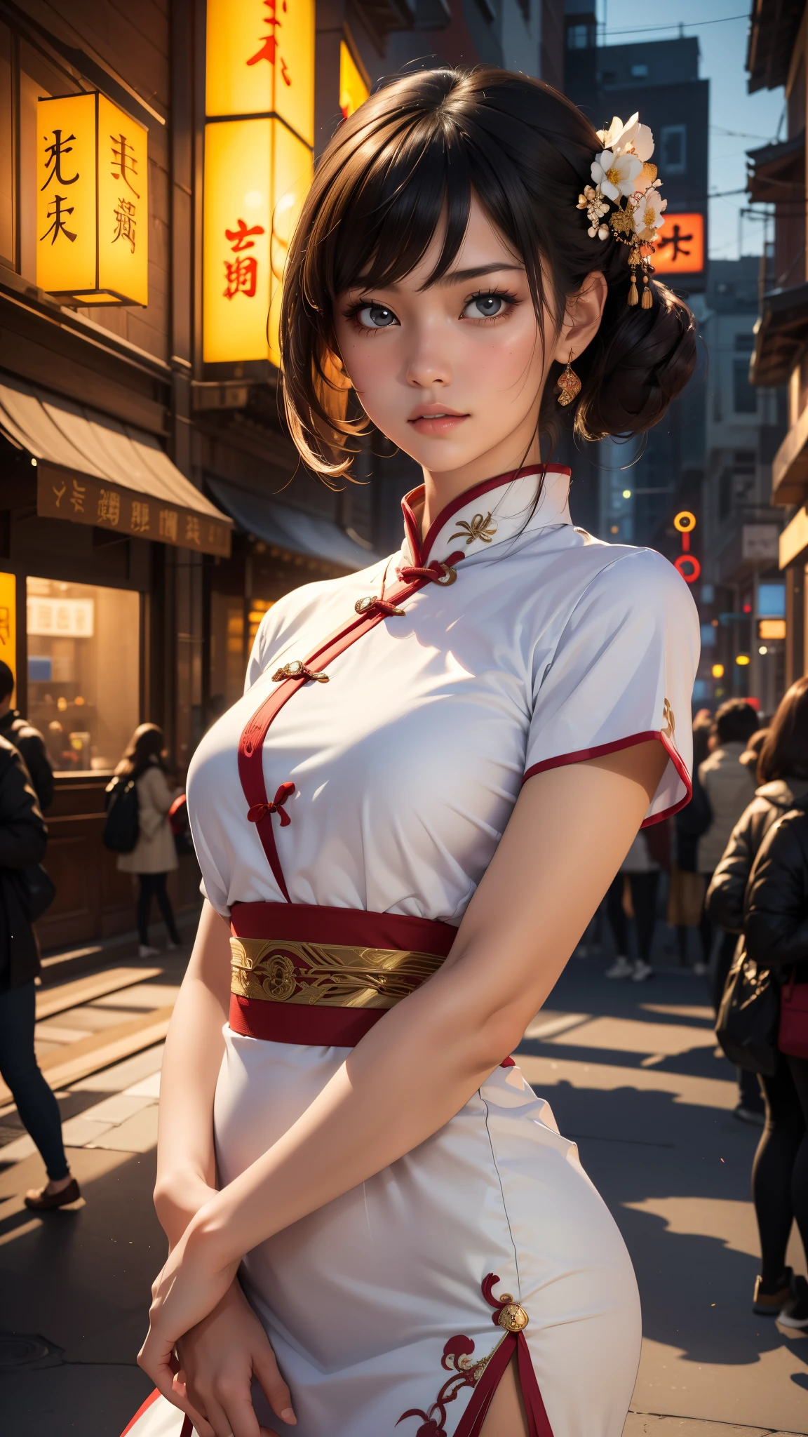 (Extremely detailed 4k/8k highres masterpiece: 1.2), ultra-detailed, (realistic, photorealistic, photo-realistic: 1.37), portrait of a young Chinese woman with a kawaii vibe. The woman, around 20 years old, is depicted in the upper body, standing amidst the bustling Shanghai street, surrounded by vibrant colors and lively energy. She wears a beautiful traditional Chinese white dress, accentuating her grace and elegance. The lighting casts a cinematic glow, enhancing the atmosphere of the scene and adding a sense of depth and dimension. Her eyes and lips are meticulously