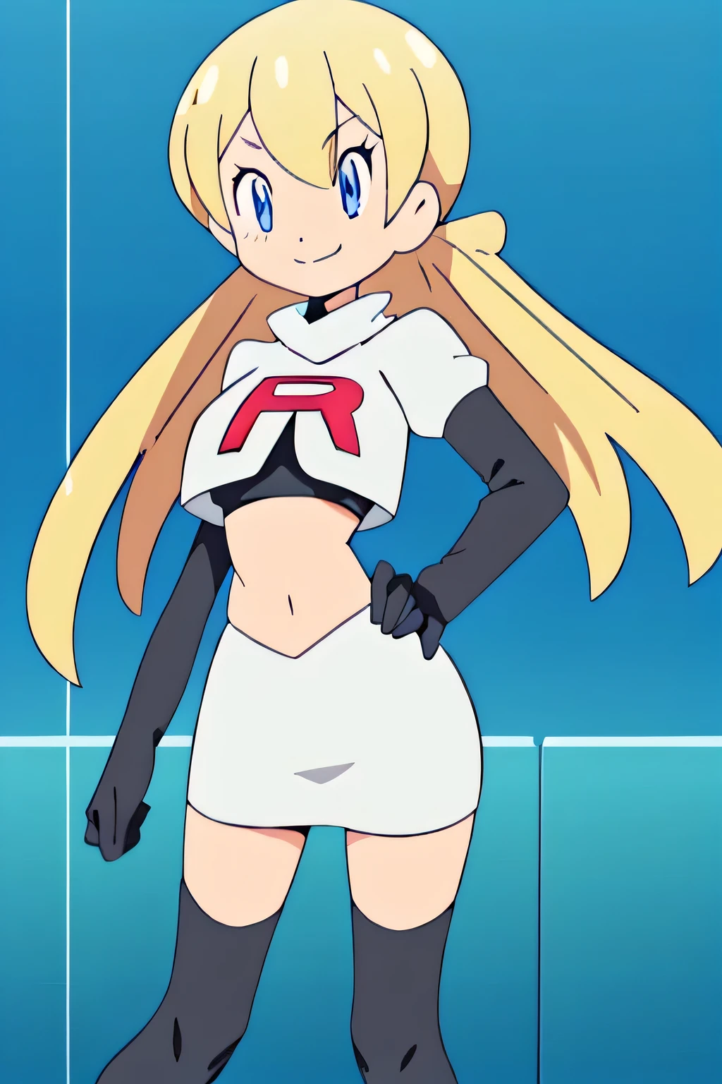 8k, anime screencap,1girl in, (solo:1.2), (perfect body:1.1), (best quality:1.1), very large breast, team rocket uniform, red letter r, white skirt,white crop top,black thigh-high boots, black elbow gloves, evil smile, looking down at viewer, hands on hips,zettai ryouiki,