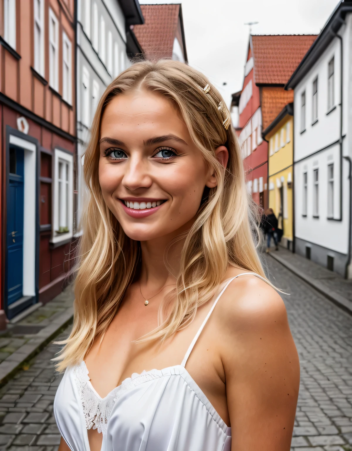 detailliert,(realistisch,photorealistisch,photo-realistisch),Instagram Post,eine atemberaubende junge lachende Schwedin, smiling, Beautiful white teeth, Her personality is reminiscent of Sweden&#39;s timeless charm. Ihre Augen, voller Geschichten, Die Augen haben einen hellen Blauton, Weisheit mit einem Hauch von Unfug ausstrahlend. Ihre Lippen, reich und rot, reflect the vitality of Swedish culture. Ihre Haare, as blonde and flowing as gold, umrahmt ihr junges Gesicht. The body is slim, die Beine lang. Flawless tanned skin,In einem traditionellen schwedischen Outfit gekleidet, Die leuchtenden Farben scheinen den Geist Schwedens widerzuspiegeln. The area around her shows a mix of symbolic street scenes from Sweden - colorful wooden houses, und der himmlisch blaue Himmel. Photorealistisch, high resolution, Instagram Post