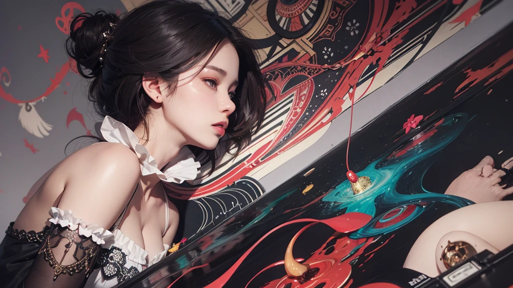 official art,jang wonyoung i've,jisoo blackpink, unity 8k wallpaper, ultra detailed, beautiful and aesthetic, beautiful, masterpiece, best quality, (zentangle, mandala, tangle, entangle), dynamic angle, cowboyshot, the most beautiful form of chaos, elegant, a brutalist designed, vivid colours, romanticism, by james jean, roby dwi antono, ross tran, francis bacon, michal mraz, adrian ghenie, petra cortright, gerhard richter, takato yamamoto, ashley wood, atmospheric, enjoying a stream of music, where you can visualize the notes, ecstasy of musical notes, streaming musical notes visible
