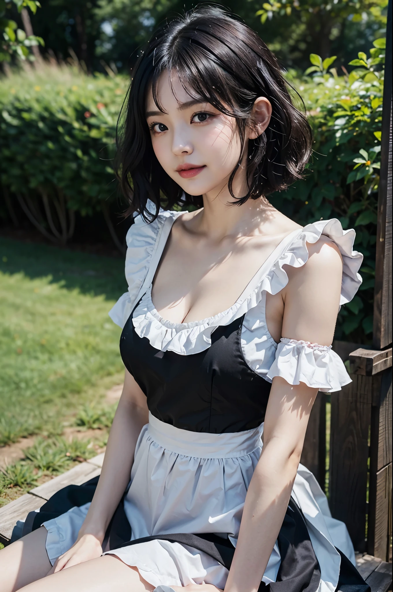 1girl, solo, (22 years old), (japanese:1.3), gravure idol, (medium breasts), black hair, (short hair:1.2), (wavy hair:1.2), ((light) pink lips), closed mouth, (smiling:0.8),
maid, ((black:1.2) gothic maid dress), (white apron)
looking at viewer, (upper body), (beautiful arms:1.2), (side view),
BRAKE, (outdoors:1.4), sitting on garden,
photo, photo realistic, (photorealistic:1.4), best quality, high quality, 4K, RAW, masterpiece, realistic lightning, beautiful face,