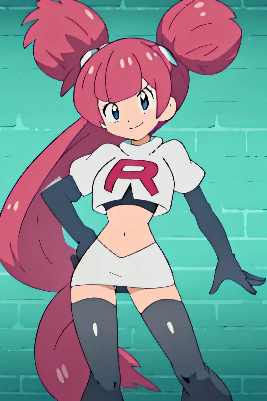 8k, anime screencap,1girl in, (solo:1.2), (perfect body:1.1), (best quality:1.1), very large breast, team rocket uniform, red letter r, white skirt,white crop top,black thigh-high boots, black elbow gloves, evil smile, looking down at viewer, hands on hips,zettai ryouiki,
