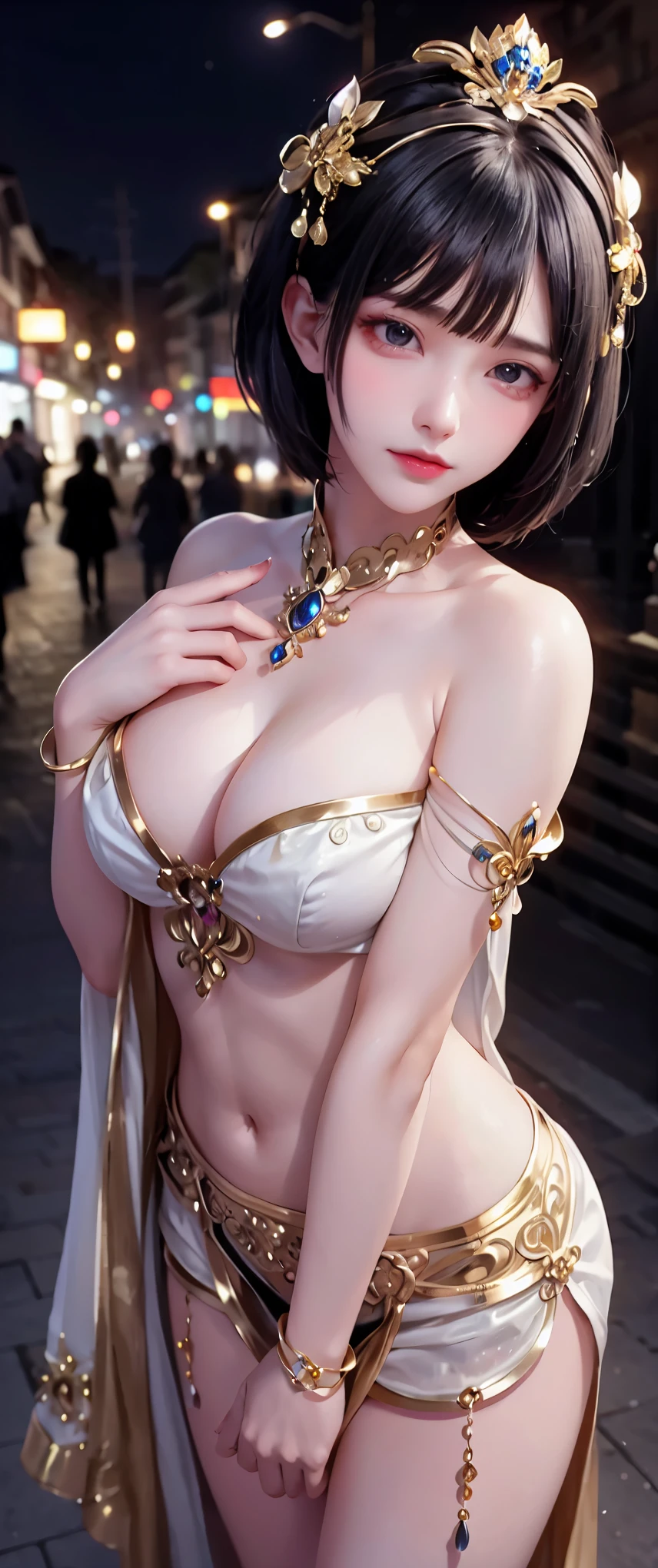 (halfbody shot,street lamps,moon),Masterpiece, 1girl, solo exhibition, beautiful woman on the bustling street, surrounded by hawkers, beautiful goddess girl portrait, beautiful and detailed face, porcelain skin, (((bust shot, center, night, black hair, short hair)), super soft lighting, symmetry, complexity, elegance, high detail, realism, art, concept art,