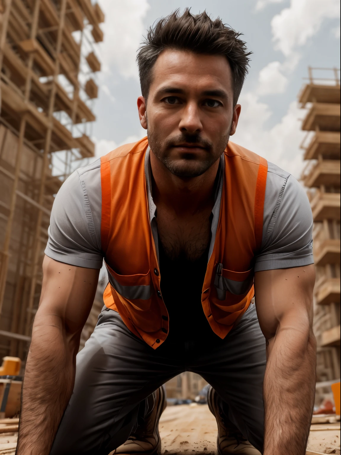 masterpiece, best quality, high resolution, closeup portrait, male focus, solo focus, A man, 40 years old, with construction worker uniform, unbuttoned work clothes, construction worker, silver grey hair, messy hairstyle, cute and seductive face, bare chest, body hair, facial hair, roman nose, very skinny body, hairy legs, dimples, beard, bold jawline , in the background a construction site, two men love touch romantic, kneeling, sweaty, sunburnt, orange vest, attractive, view from below, amazing composition, front view, HDR, ultra quality, elegant, highly detailed