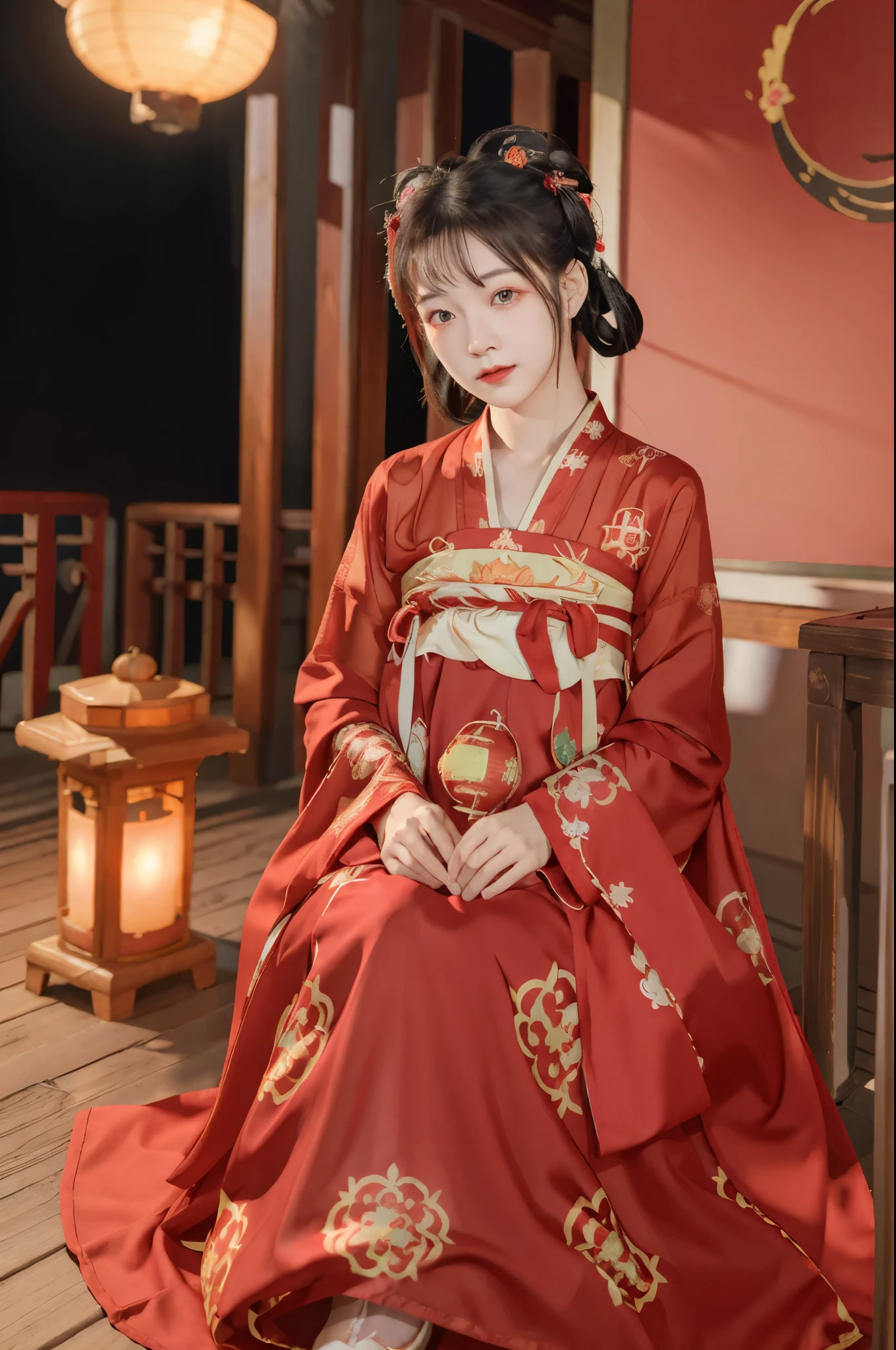 (masterpiece), (best quality), RAW photo, photography, lens fare, hanfu, tang style, red hanfu, Chines traditional clothes, red lantern, lunar new year